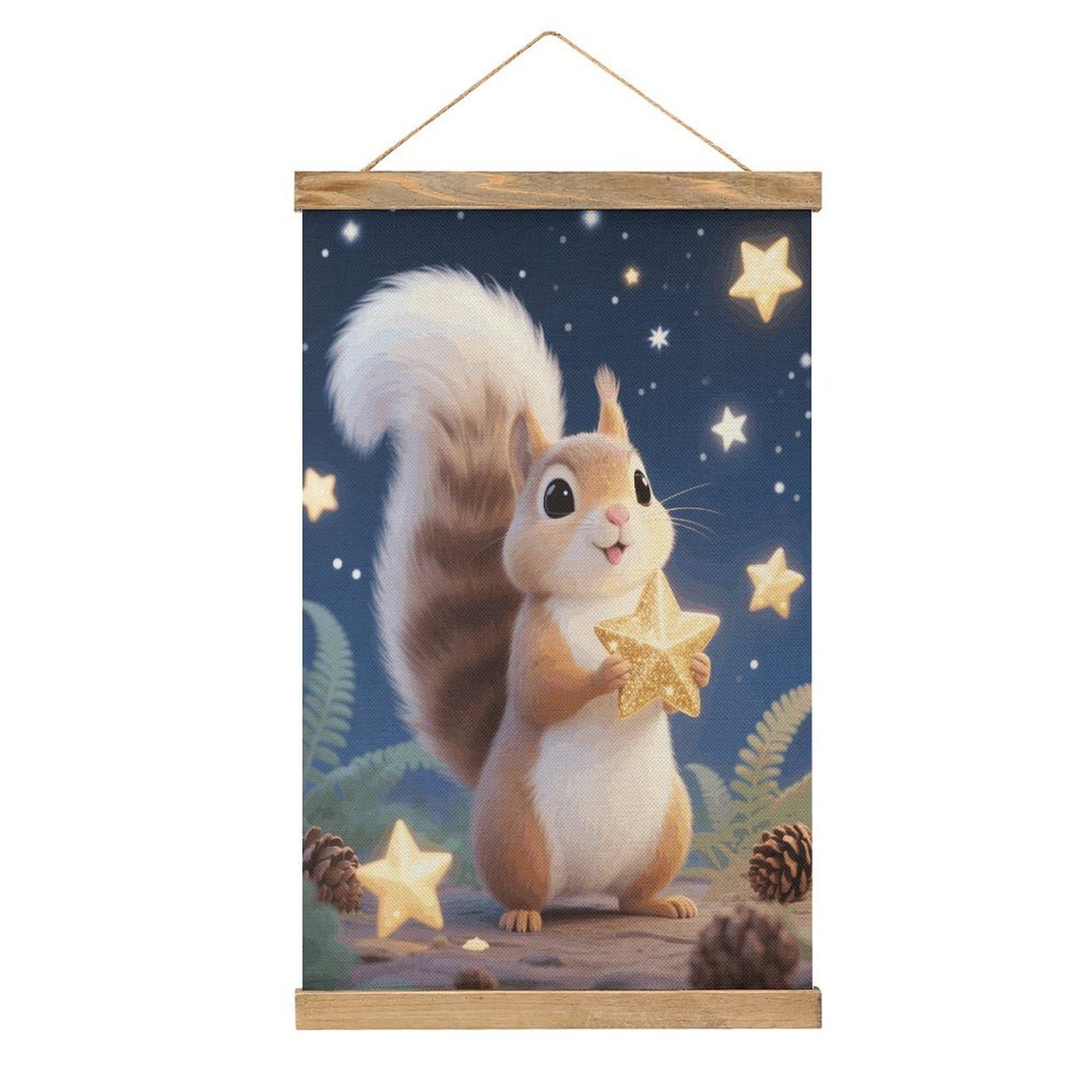 VstaDank Cute Squirrel Star Linen Hanging Painting Vintage Canvas Wall Art Poster Reading Nook Corner Decor Retro Wall Decor Prints for Library Reading Room Home 13.2 X 20.47 Inch