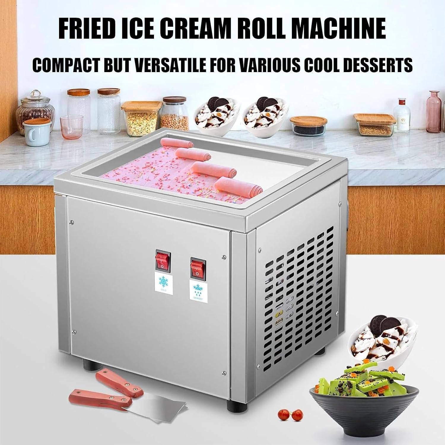 Máquina Comercial Para Helado Enrollado, Máquina Para Helado Enrollado Frito, Placa Única, Acero Inoxidable, Automática, Refrigeración Eficiente, Bajo Nivel De Ruido, Controles Fáciles De Usar