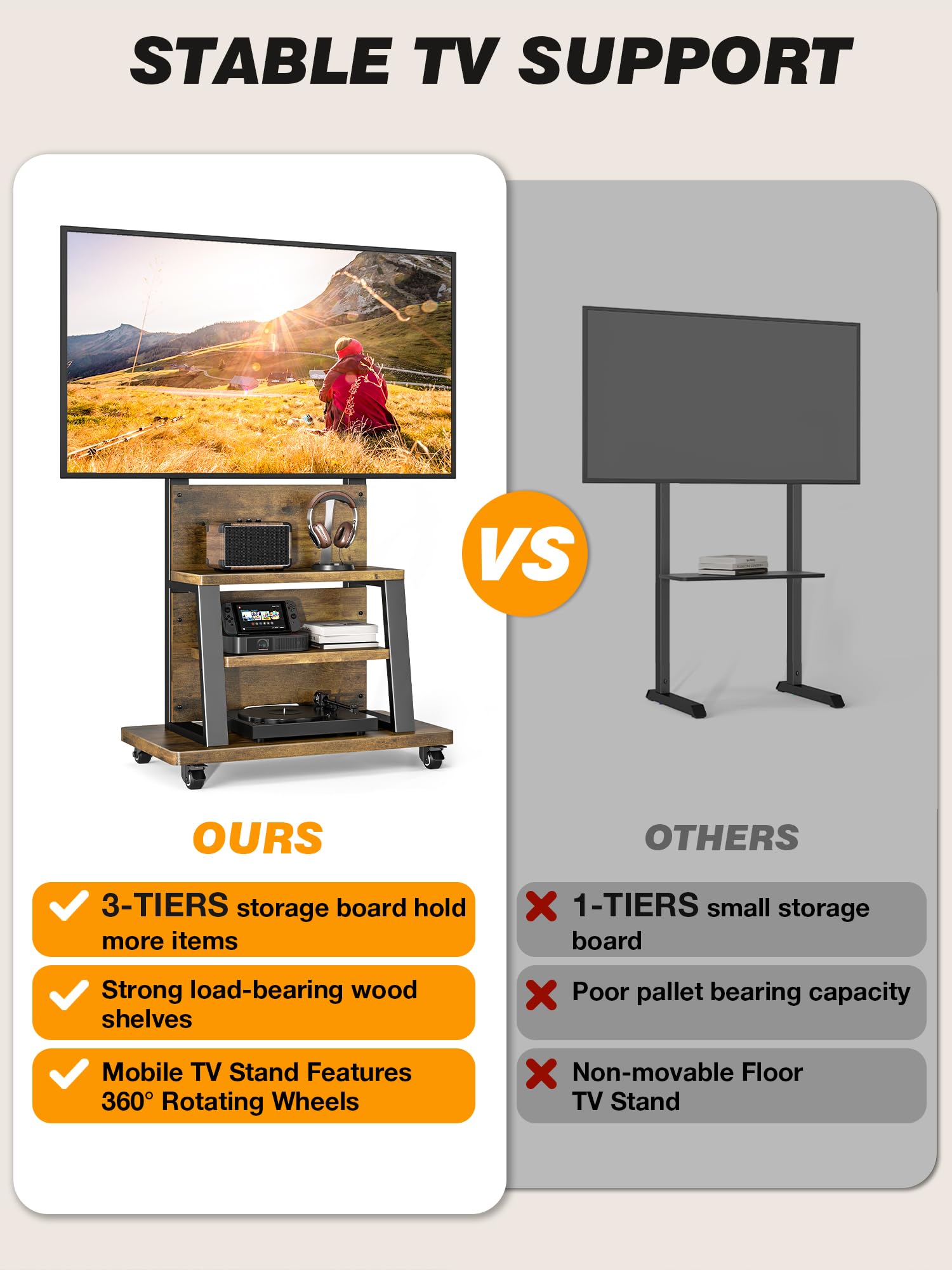 Mobile Supporto TV da Pavimento per TV da 37 a 75 pollici, carrello TV mobile con portaoggetti a 3 ripiani, Porta TV da terra altezza regolabile (68 kg carico), MAX VESA 600x400 mm