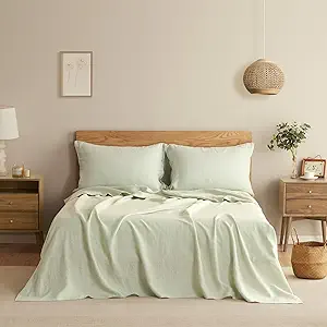 DAPU Pure Linen Sheets Set, 100% French Linen from Normandy, Breathable and Durable for Hot Sleepers, 4 Pcs Set - 1 Flat Sheet, 1 Fitted Sheet, 2 Pillowcases (Sage Green, King)