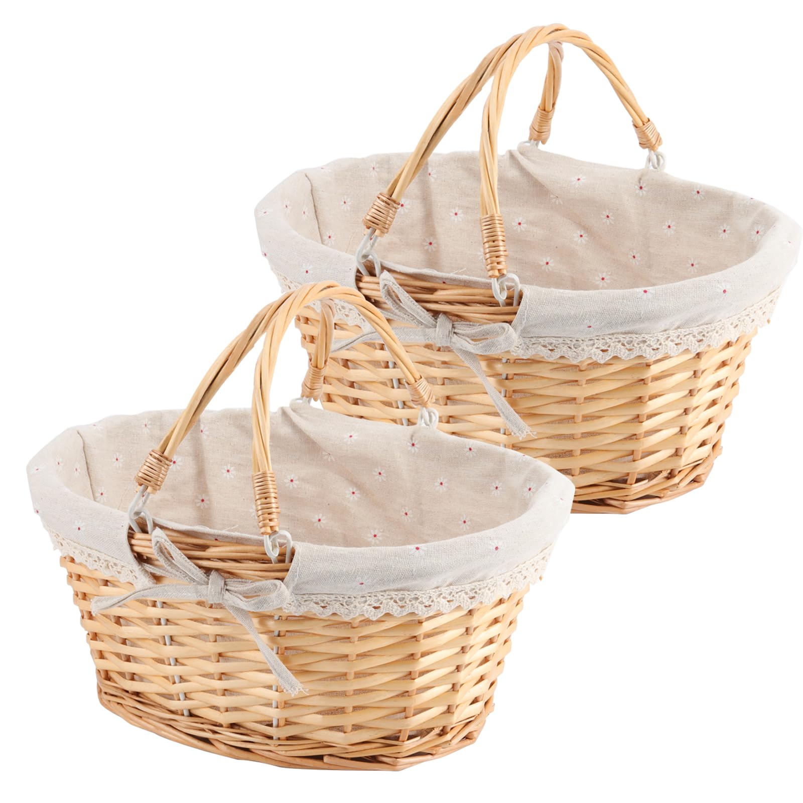 ZOENHOU 2 Cestini in Vimini di Salice Intrecciati a Mano, Cesto Picnic con Manico Pieghevole e Fodera in Lino, 33x23x12 cm, Marrone Chiaro