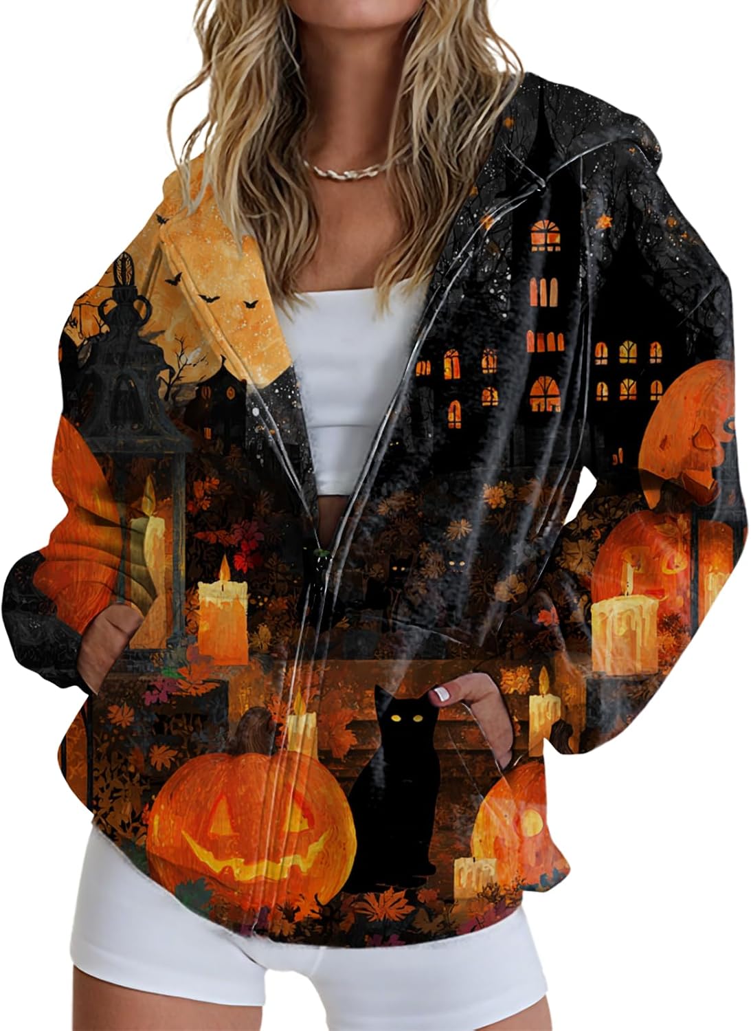 Zipper Sweatshirts for Women Unique Halloween Graphic Hoodies Comfy Plus Size Casual Fall Tops with Pockets