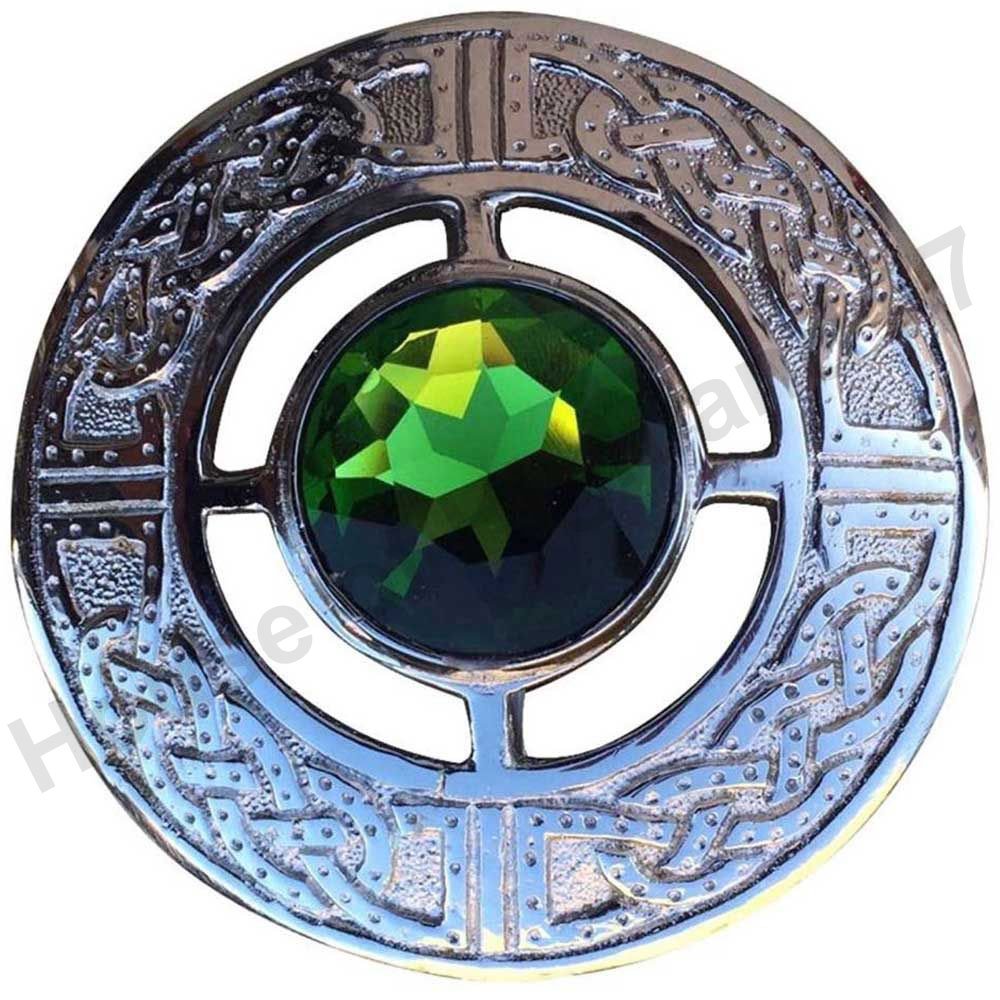 House Of Highland 77 Unisex Green Men's Scottish Celtic Kilt Fly Plaid Brooch Chrome Plated In Various Colour Stones (Green)