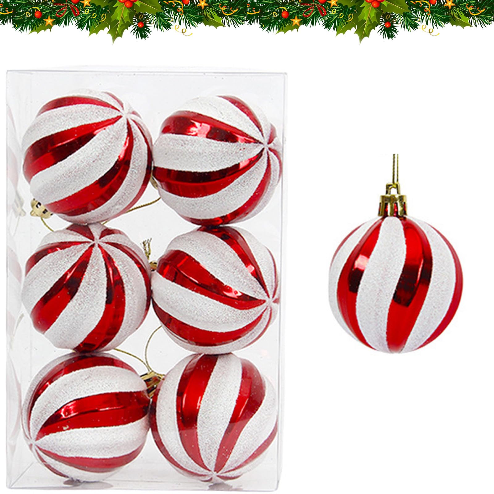 6 Pack Painted Christmas Baubles, 6 cm Red and White Striped Baubles, Shatterproof Glitter Ball Ornaments for Holiday Decor, Xmas Tree Hanging Balls Decorations (Red White)