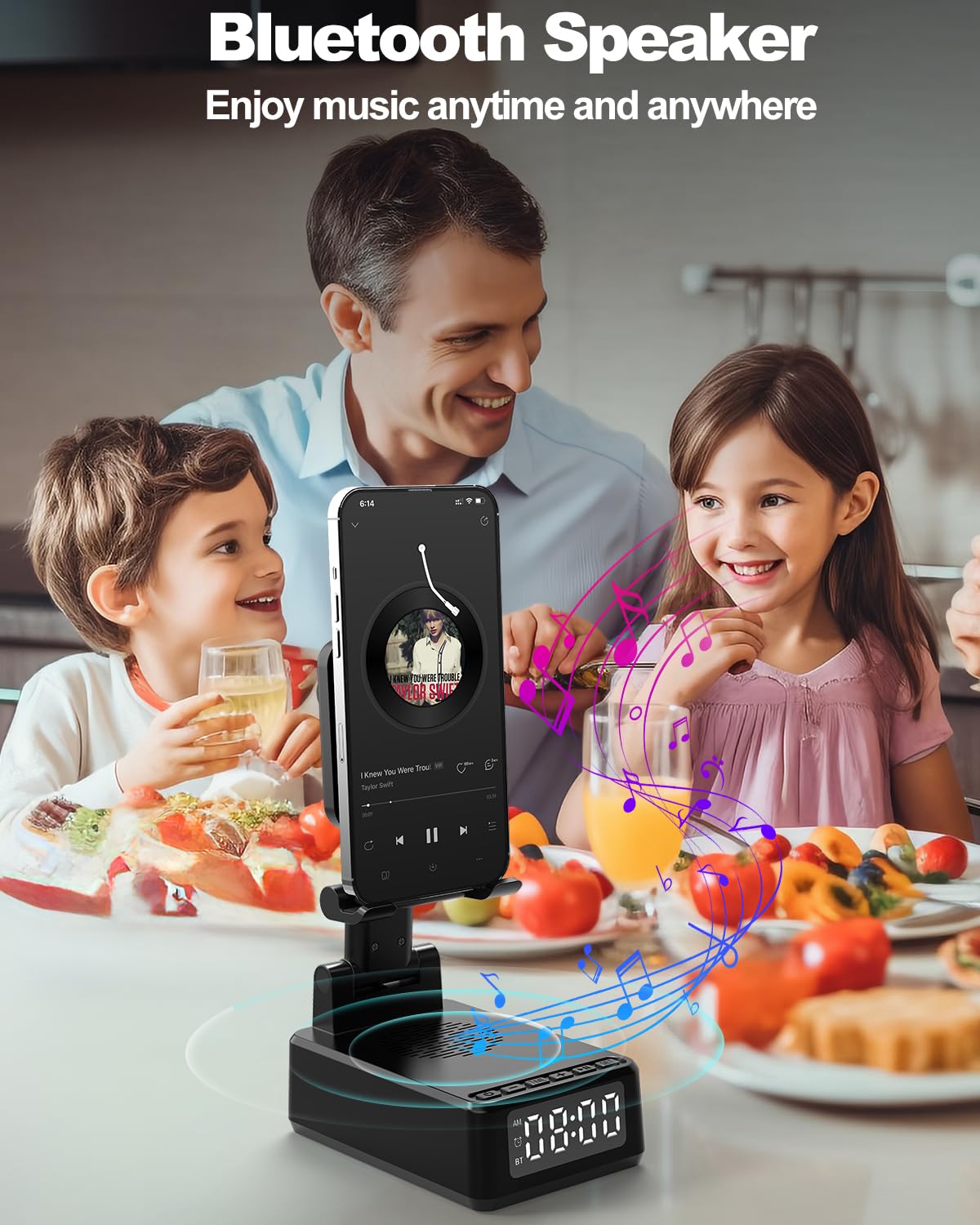 Enceinte Bluetooth Portable 5 en 1 avec Reveil Matin, Chargeur sans fil, Support pliable pour téléphone