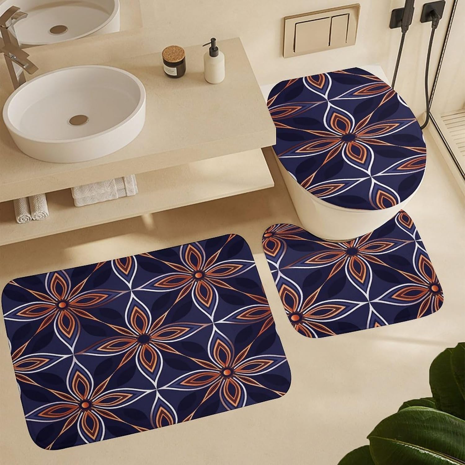Four Piece Bathroom Set with Toilet Lid Cover and Non-Slip Rugs Minimalist Shower Curtain for Bathroom Set