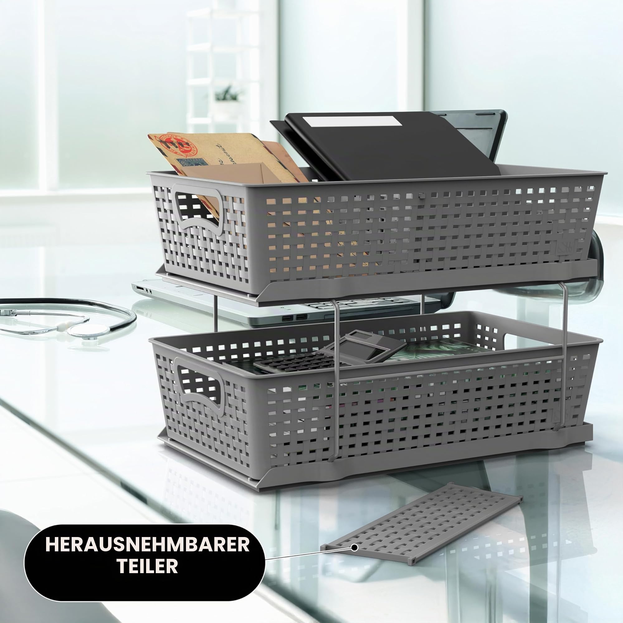 Simple Houseware 2-stöckiges Badezimmer-Organizer-Tablett, ausziehbare Schublade/Aufbewahrung unter der Spüle, Grau