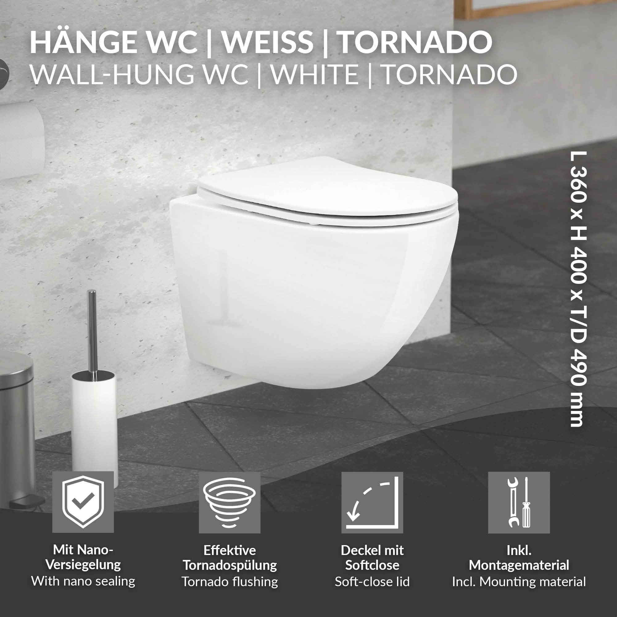 LuxeBath WC Suspendido Blanco Brillante de Cerámica sin Borde, Inodoro Colgante Corto de 49cm con Nanorecubrimiento, Descarga Profunda de Tornado para Baño Estilo modenro, Wáter con Asiento Extraíble