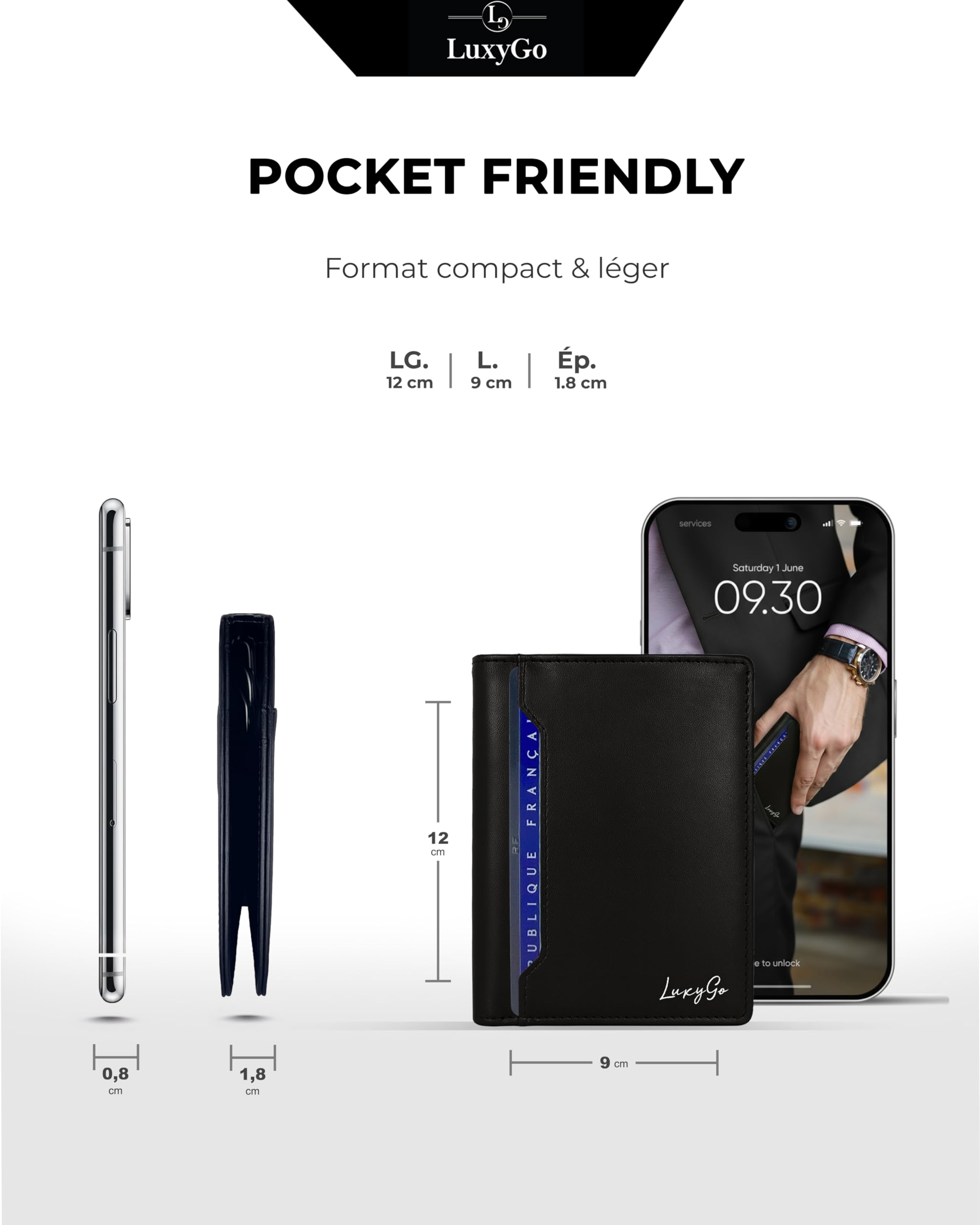 LuxyGo Portefeuille Homme en Cuir Véritable – Porte-Cartes Compact Anti-Piratage RFID – Protection Cartes Bancaires sans Contact – Carte Identité Française et Permis de Conduire – 11 Emplacements
