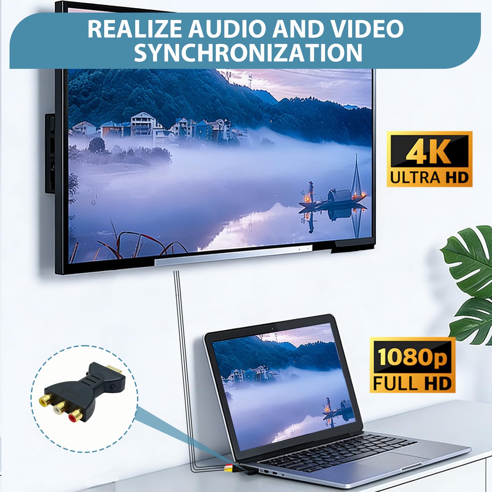 Adaptador HDM a RCA Convertidor HDM a AV Conector Audio Video Rojo Blanco Amarillo Convertidor Componentes Señal Digital para PC Laptops HDTV Monitores Proyectores Consolas Videojuegos Reproductores - 5