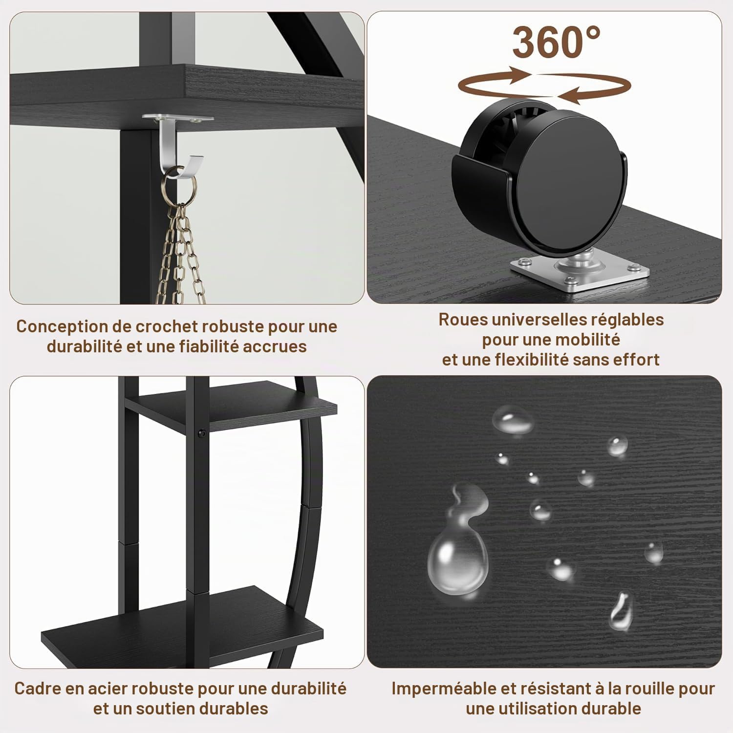 Supports pour Plantes d'intérieur 2 Pièces, 6 Niveaux 172 cm, Roulettes, Demi-Cœur, Métal-Bois, Noir