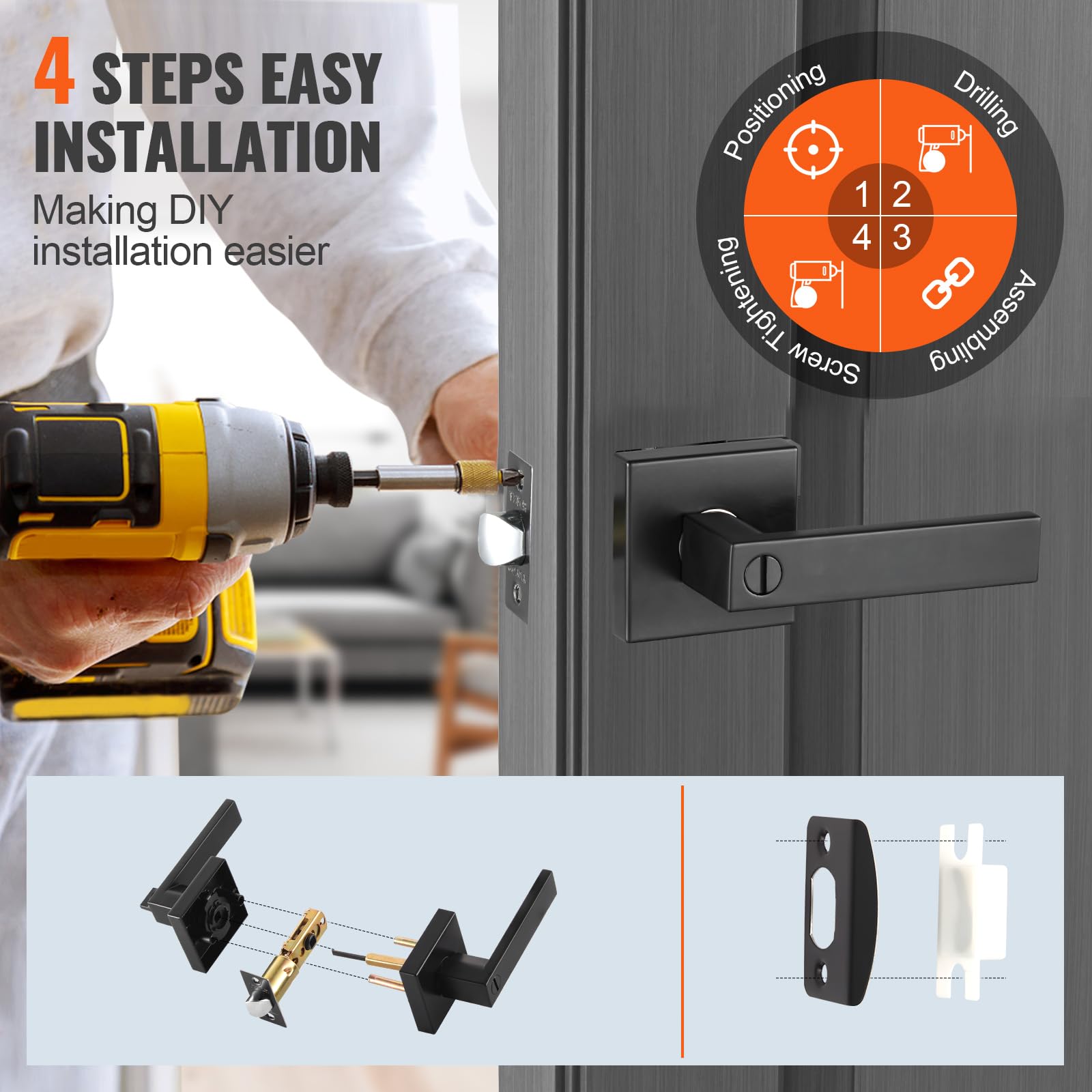 VEVOR Poignées de Porte Intérieure 5 Paires, Poignée de Porte à Condamnation avec Béquille Réversible Droite-Gauche, Verrouillage sans Clé, Rotation 45° pour Ouvrir, Salle de Bains Toilette, Carré