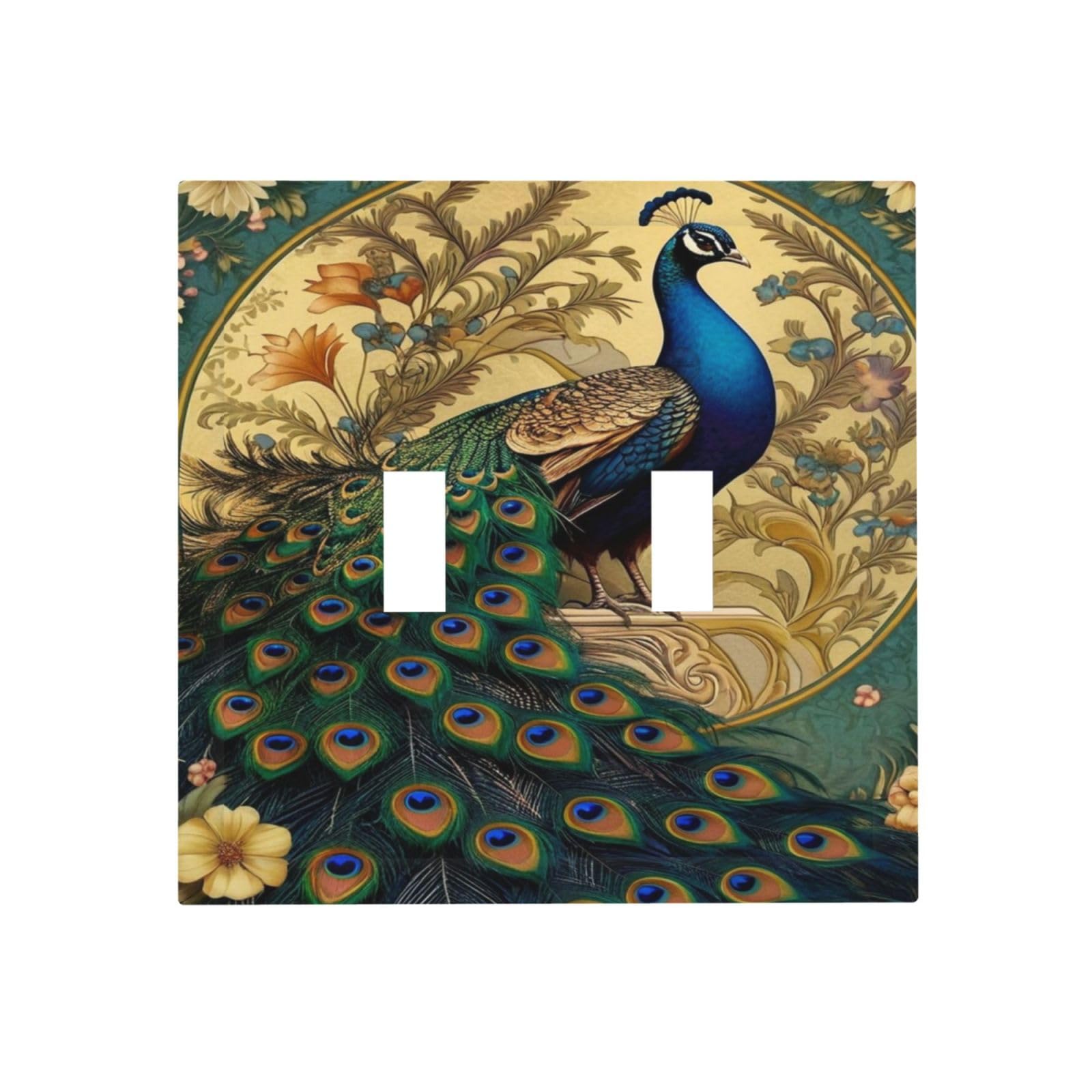 Tewujay Peacock with Flowered Background Light Switch Covers Double Toggle 2 Gang Wall Plate Dual Decorative Switch plate Electrical Faceplate for