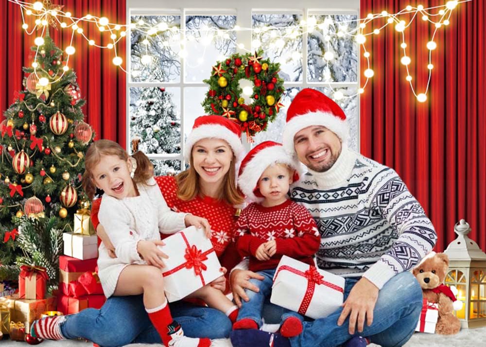 3x2.4m Toile de Fond Noël Fenêtre de Noël Scène de Neige Hiver Arbre de Noël Fond Photographique Famille Enfants Portrait Photoshoot Vacances Nouvel an Décorations Party Bannière Photo Booth Props