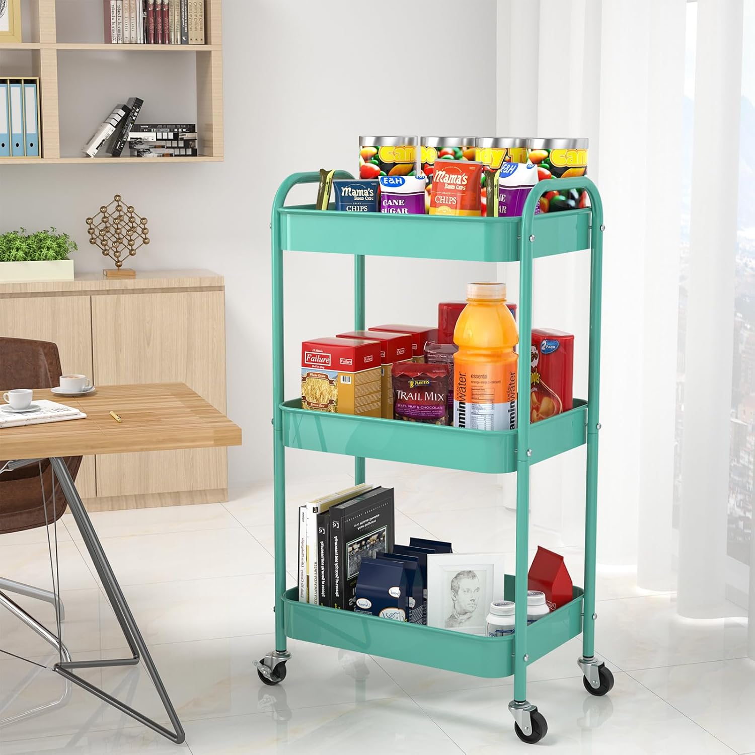 3-Tier Rolling Metal Storage Cart with Wheels, Multi-Functional Organizer for Office, Kitchen, Bathroom, Books Diapers - Easy Assembly (Blue)