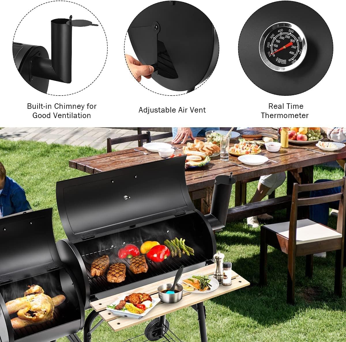 HAPPYGRILL Portable Charcoal Grill with Smoker, Thermometer, Side Shelf & Adjustable Damper, BBQ Grill Oven with 2 Moveable Wheels for Camping Patio Backyard Party