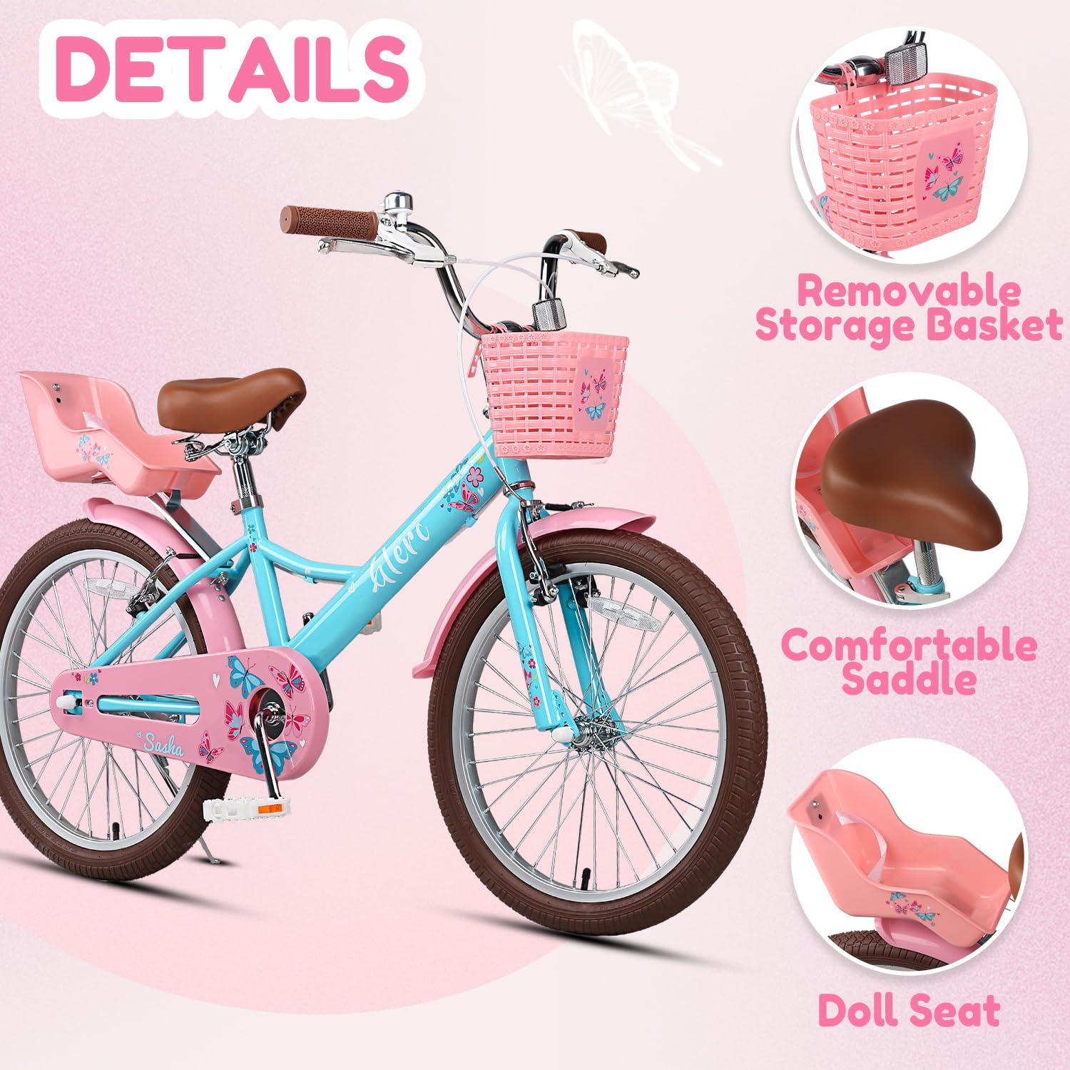 Glerc Sasha 12 14 16 20 Pouces Enfants vélo pour Filles âges 2-13 Ans Enfants vélo avec poupée siège vélo & Panier & stabilisateurs, Plusieurs Couleurs