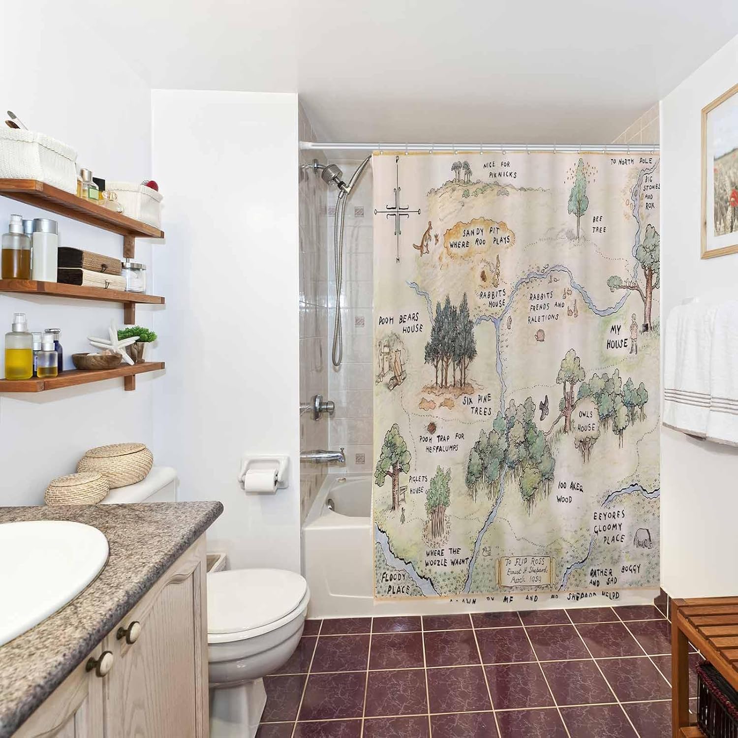Funnytree Honey-Loving Bear Shower Curtain, Children's Literature Bathroom Decor, Waterproof Fabric Durable Easy Care Washable, 72"X72"(Hooks Not Included) SC00076-002