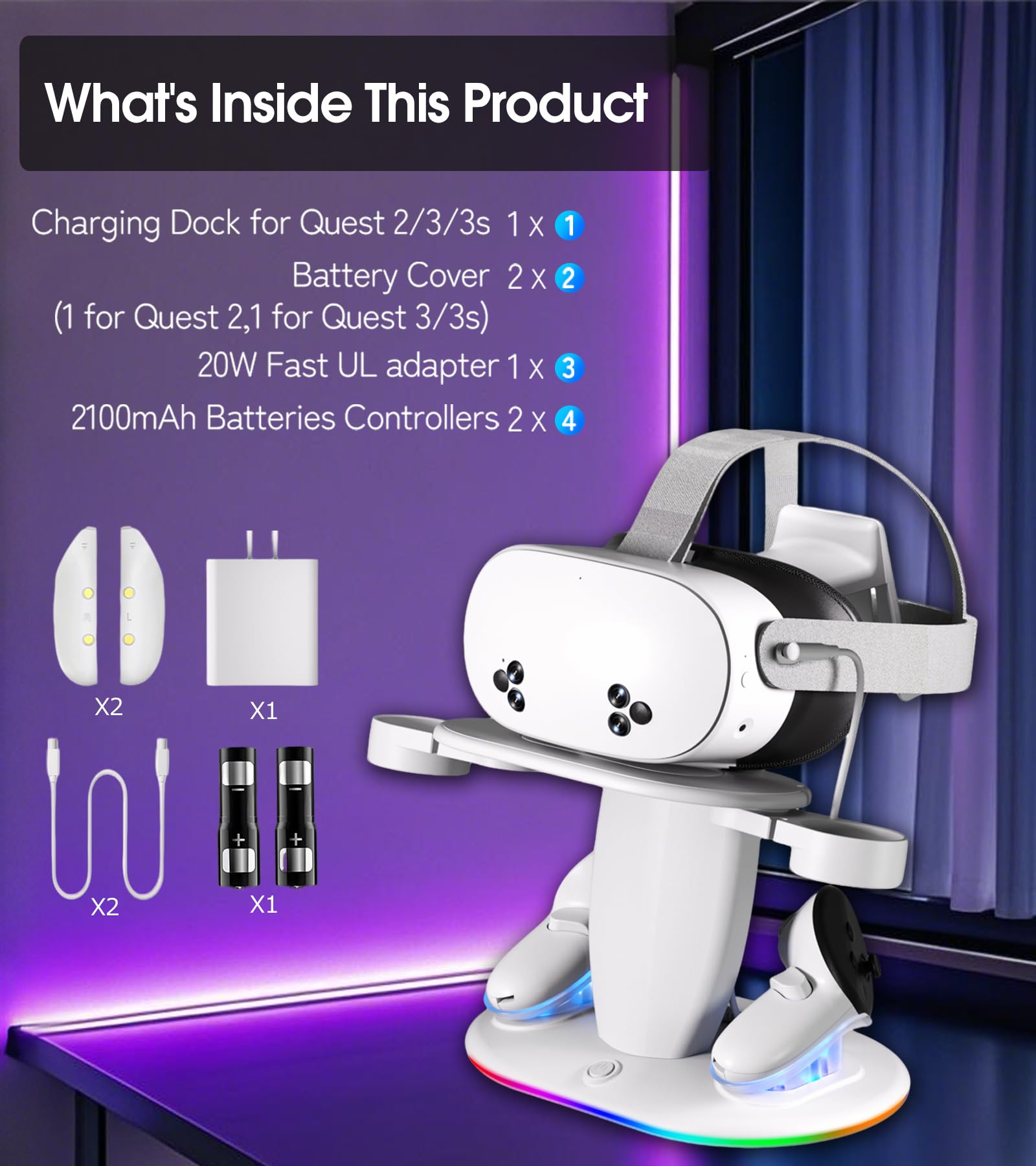 Ladestation für Meta Quest 2/3/3S/Quest Pro,Schnelllade-Dock mit RGB Beleuchtung für Controller, Ladedock mit USB C Schnellladung für VR Headset und Touch Controller (White)
