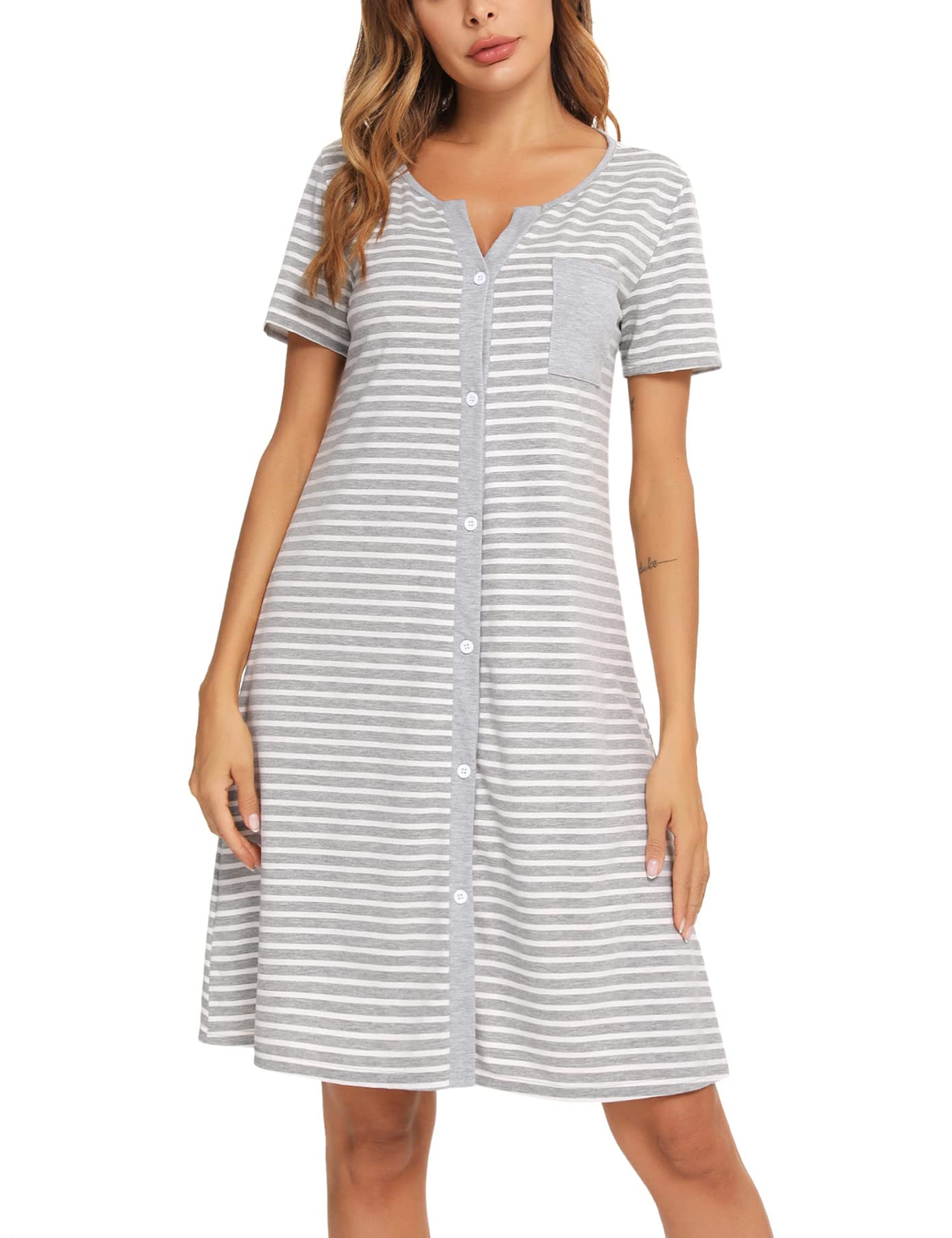 Marvmys Camisones de Mujer Algodón Largos Camisones Mujer Manga Corta a Rayas Camisón Mujer con Botones y Bolsillos Vestido Elegante Casual para Otoño Invierno Primavera Verano S-XXL