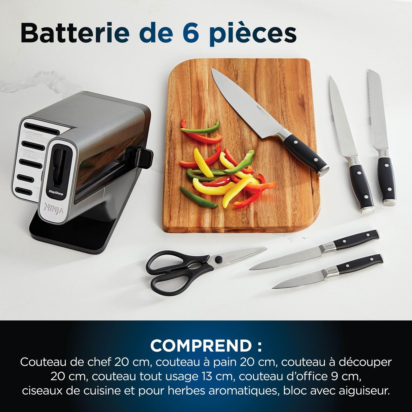 Bloc-couteaux Ninja Foodi StaySharp avec Affûteur, Ensemble de Couteaux 6 Pièces Aiguisés: Couteau de chef, à pain, à trancher, universel, à éplucher et ciseaux, en Acier Inoxydable, K32006EU