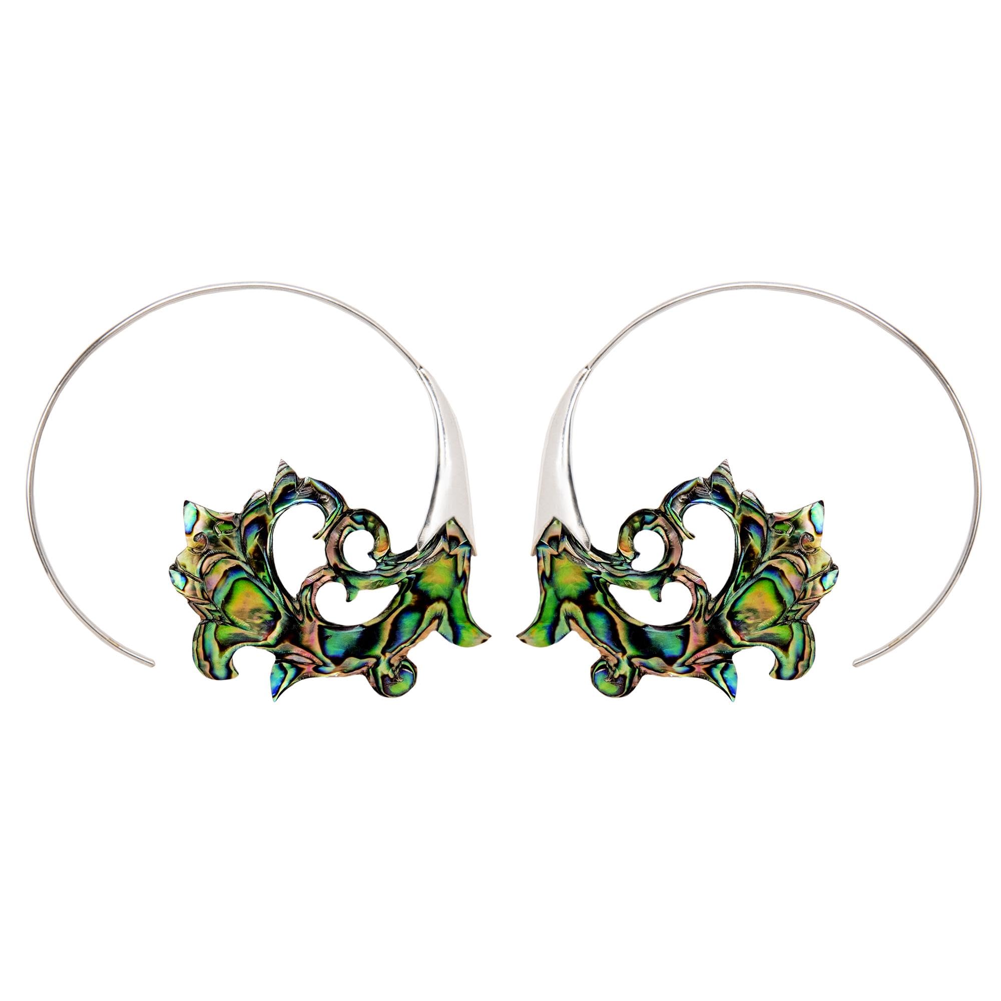 81stgeneration Pendientes de Filigrana en Espiral de Concha de Abulón Tallada en Plata de Ley 925 | Aros de Tracción para Mujeres | Joyería Tribal | Accesorio de Concha Natural para Festivales