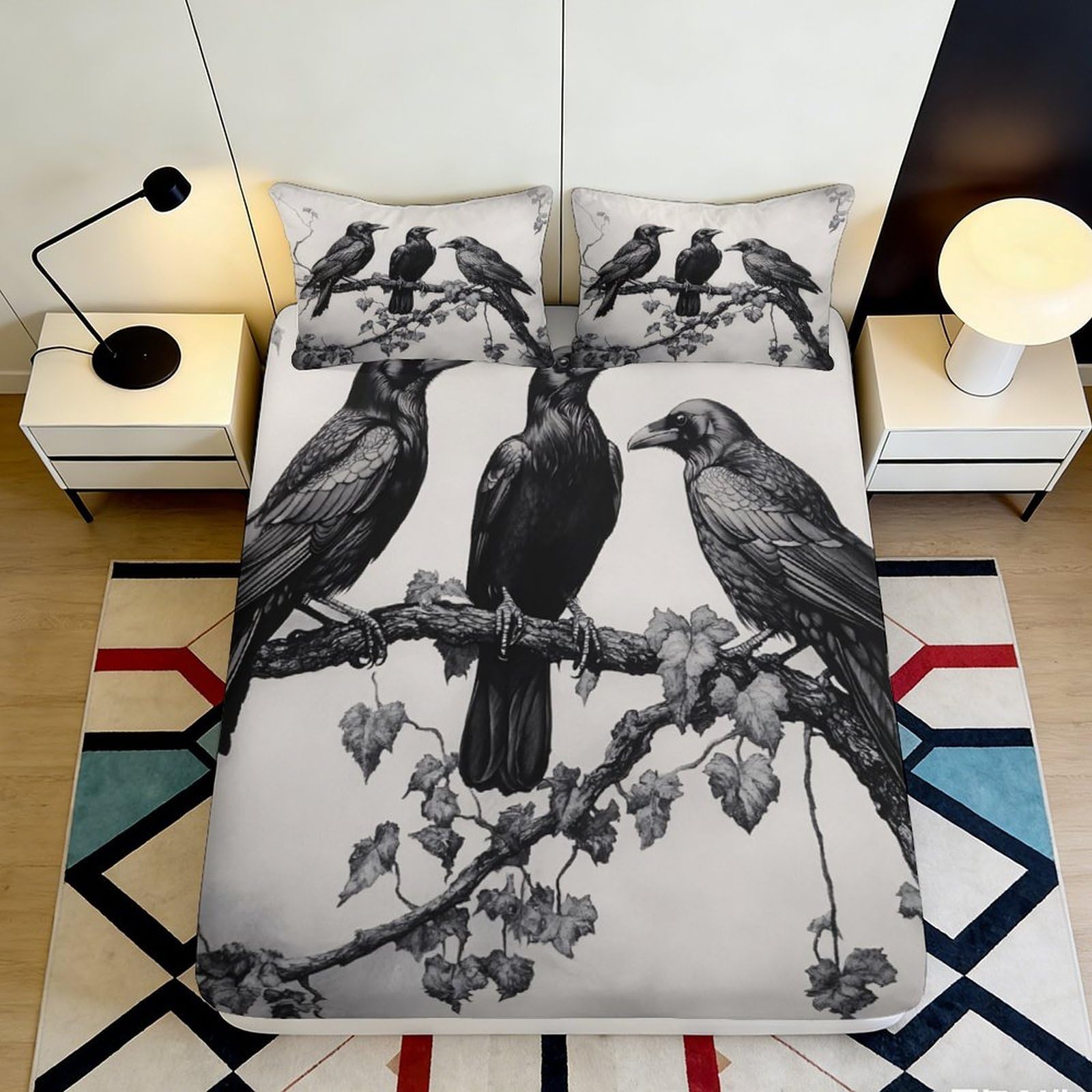 3D Printed Raven Fitted Sheet Microfiber Soft Breathable Crow Branch Bed Cover for Bedroom Dormitory Guest Room Mattress Protection Decor 140x200x25cm
