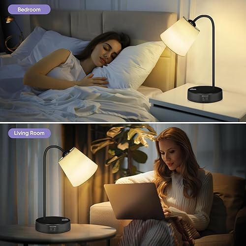 Miniatura 5 de Lámparas de mesa táctiles para dormitorio, lámpara de noche regulable de 3 vías para mesita de noche con puertos USB C+A y tomacorriente, lámpara de