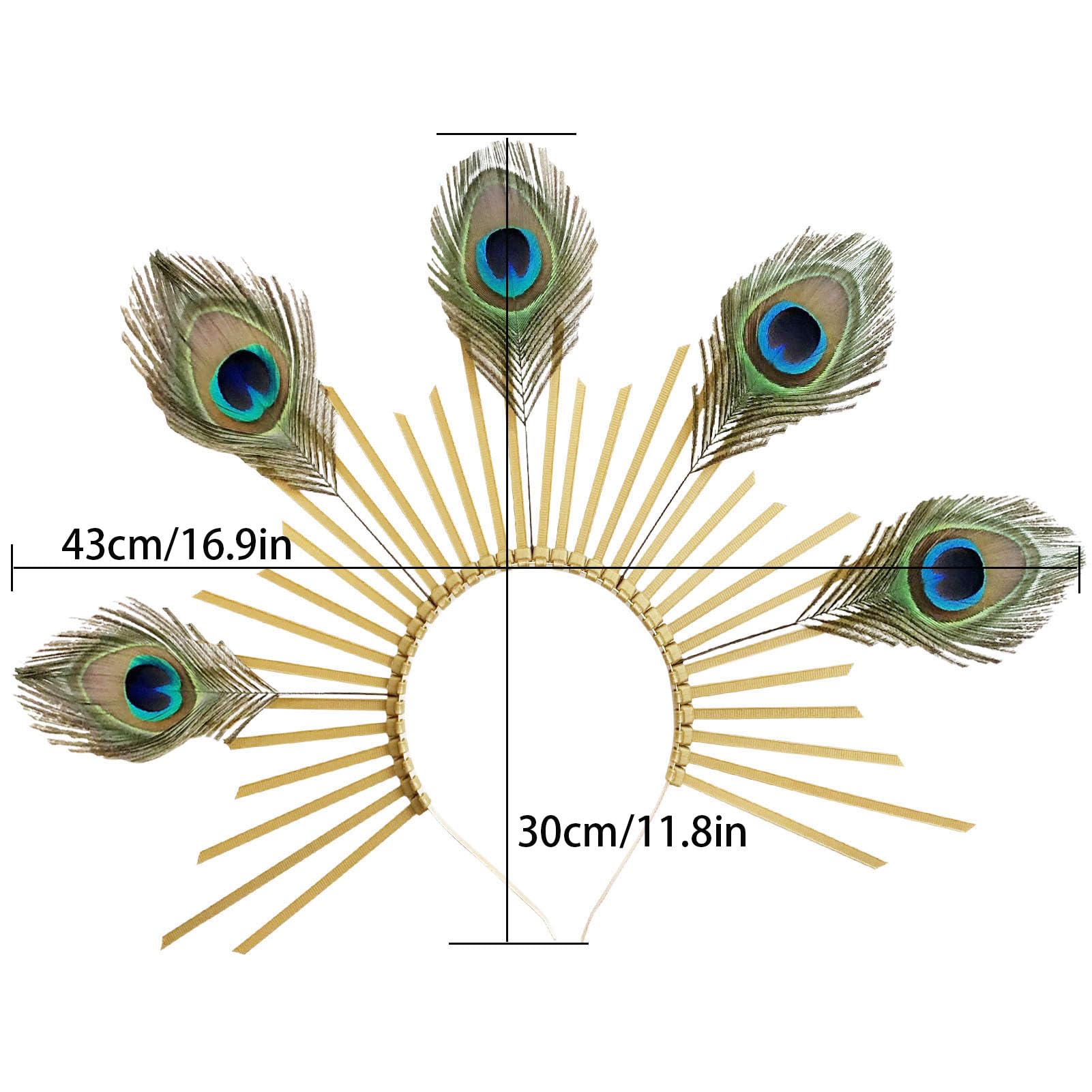 TCOMVEZ Peacock Feather Gold Halo Crown Sun Headband with Earrings Halloween Cosplay Festival Bridal Wedding Maternity Photoshoot Goddess Headpiece