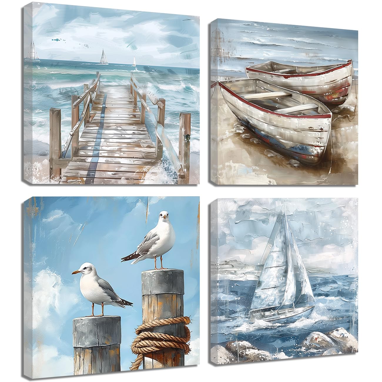 ZQQART Küsten Leinwanddrucke 4 teilig blauer Strand Leuchtturm Boot Möwe Meereslandschaft Wanddekoration (30x30cmx4)