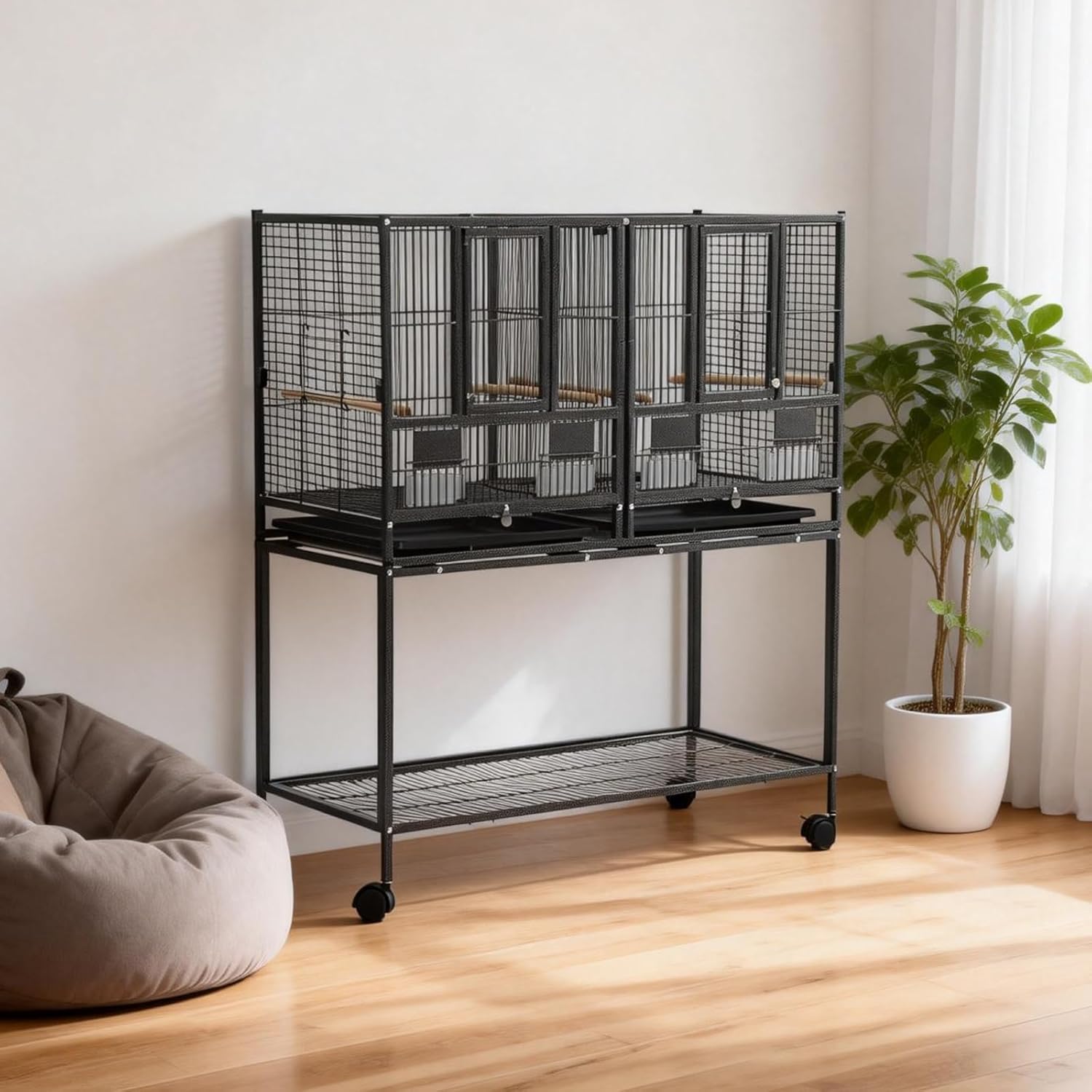 GarveeLife Vogelvoliere Großer Vogelkäfig Mit 2 Türen Vogelhaus Mit Holzstangen, 4 Rollen Und Herausziehbarer Reinigungswanne Vogelkäfig Geteilter Brutkäfig Für Kleinvögel, 94x45x106cm