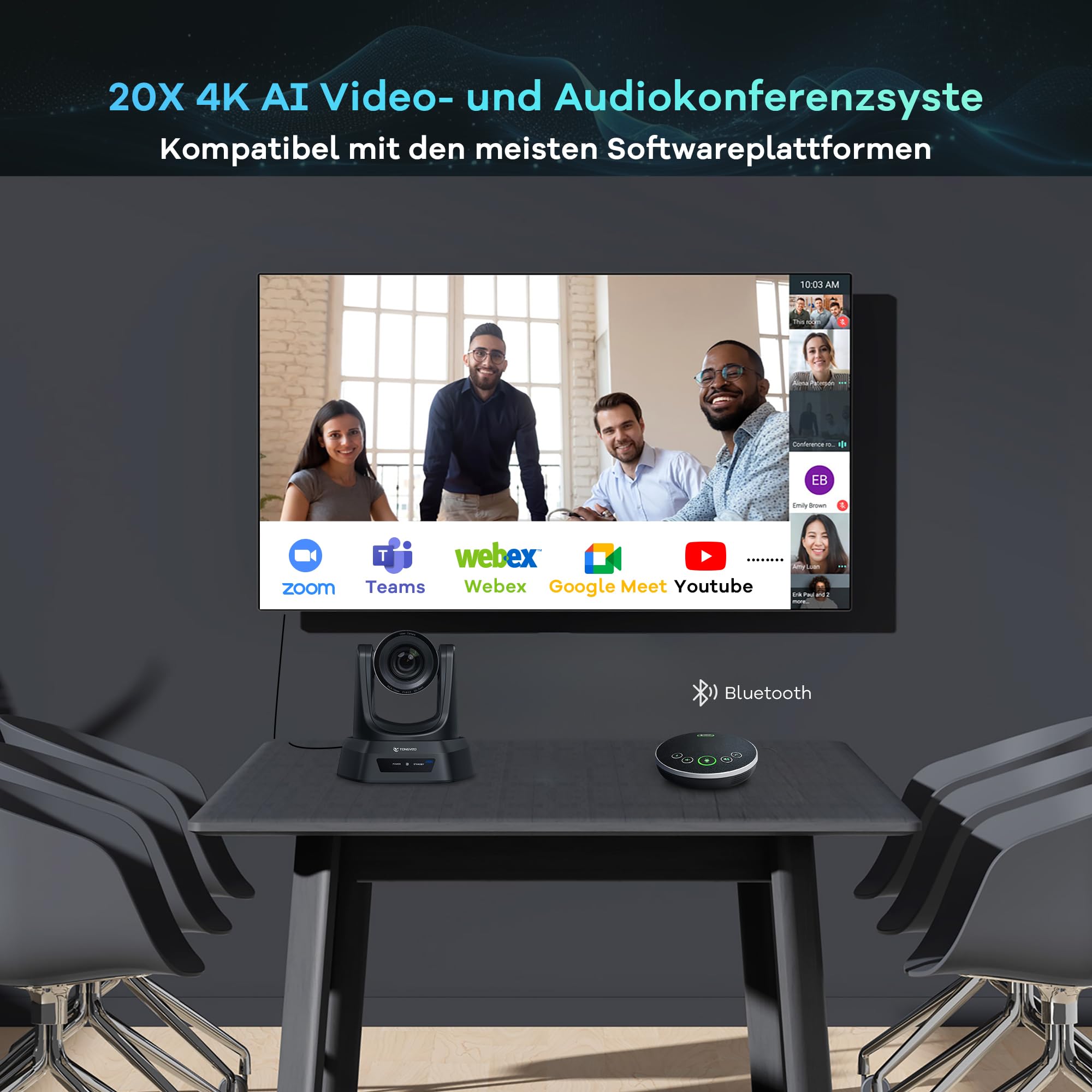 TONGVEO Cámara de conferencia PTZ con Bluetooth Speakerphone y micrófono, zoom óptico de 20x, USB 3.0, HDMI, LAN, PoE, 4K, KI