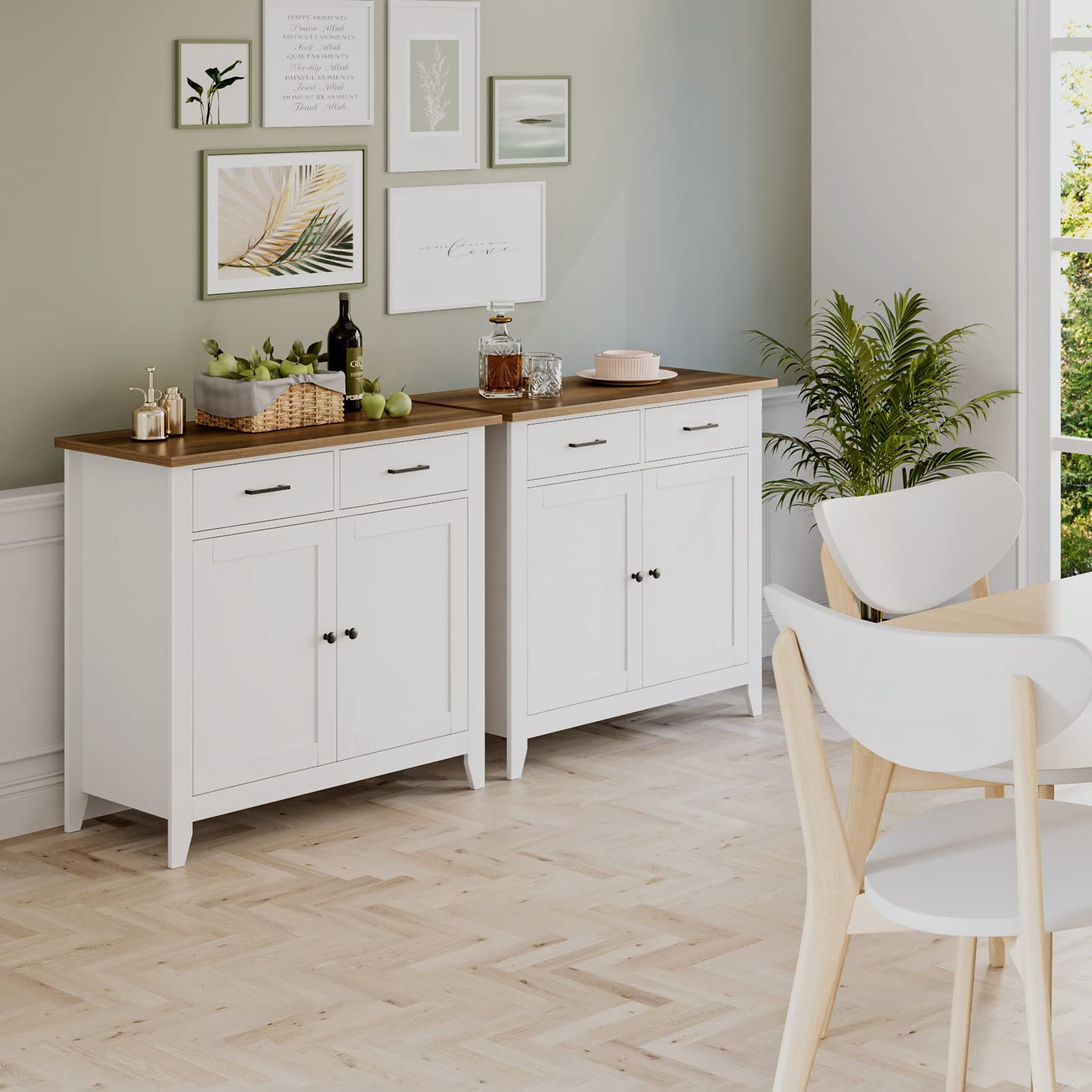 HOCSOK Küchenschrank mit Arbeitsplatte, Sideboard mit 2 Schubladen und 2 Türen, Buffetschrank für Küche, Wohnzimmer, Esszimmer, Flur, Holz, Landhausstil