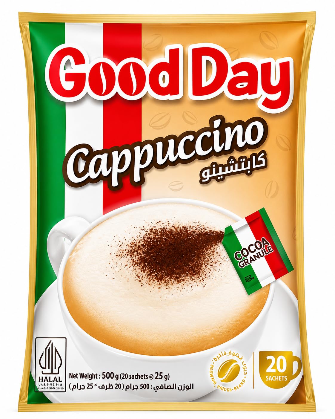 Good Day Cappuccino Instant Coffee Premix Sachets with Cocoa Granules Italian Style Café Beverage Mix 20 Sachets x 25g 500g (Imported) From Biteza-image-9