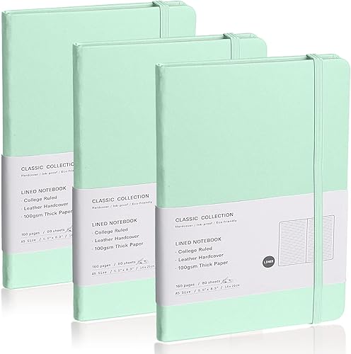 Cuaderno de diario rayado, paquete de 3 (verde cáscara), 160 páginas, tamaño mediano de 5.7 x 8 pulgadas, papel grueso de 3.53 ozm, tapa dura