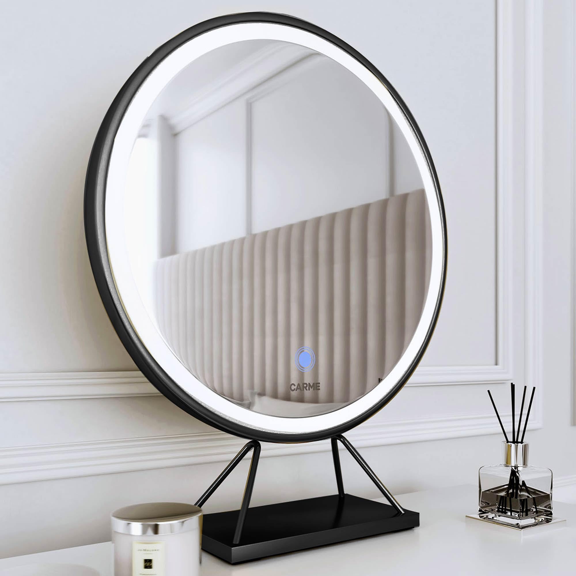 Fabs Black Desktop Vanity Illuminated Makeup Mirror With Touch Led Lights Sensor Dimmable Brightness Lighted Ring Dresser Mirror Frame And Stand (Lucia)