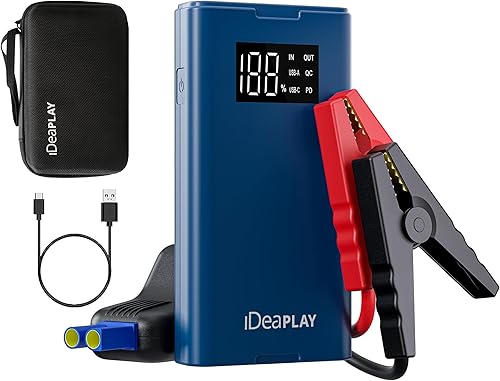 IDEAPLAY Arrancador de batería de coche de 1500 A, portátil para motor de gasolina de hasta 7.0 L y diésel de 5.5 L, batería de carga rápida tipo C