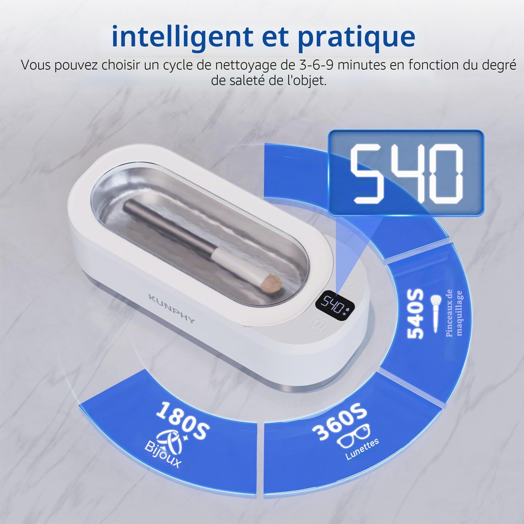 Kunphy Nettoyeur ultrasons, 48000 Hz Nettoyeur à Ultrasons 350 ML avec minuterie numérique, Ultrasonic Cleaner pour lunettes, bijoux, attelles dentaires, pièces de monnaie