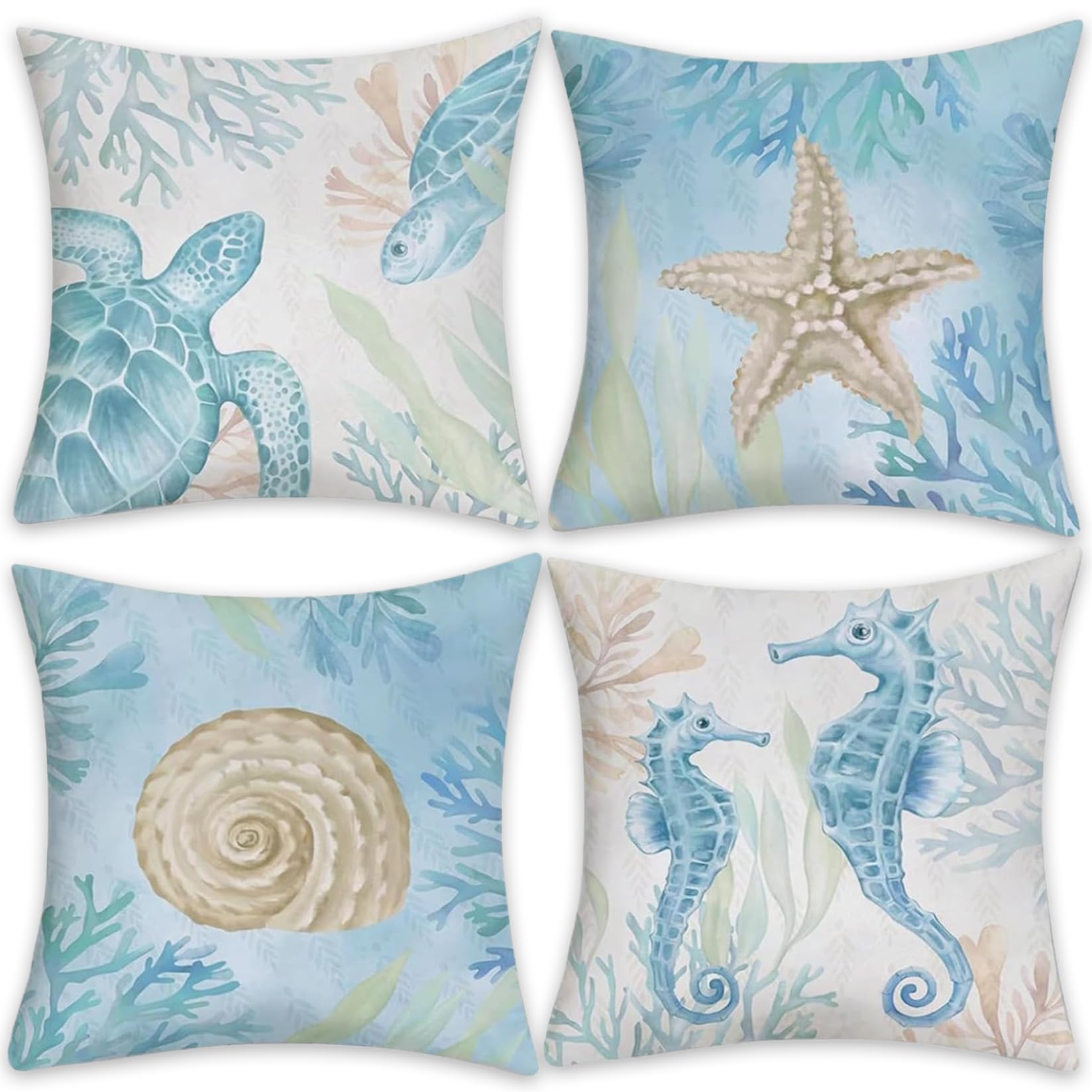 Perodlly Coastal Pillow Covers 4Pcs Nautical Throw Pillow Covers 18x18 Inch Summer Beach Soft Linen Ocean Turtle star fish Seahorse Cushion Cover for Couch Sofa Living Room.