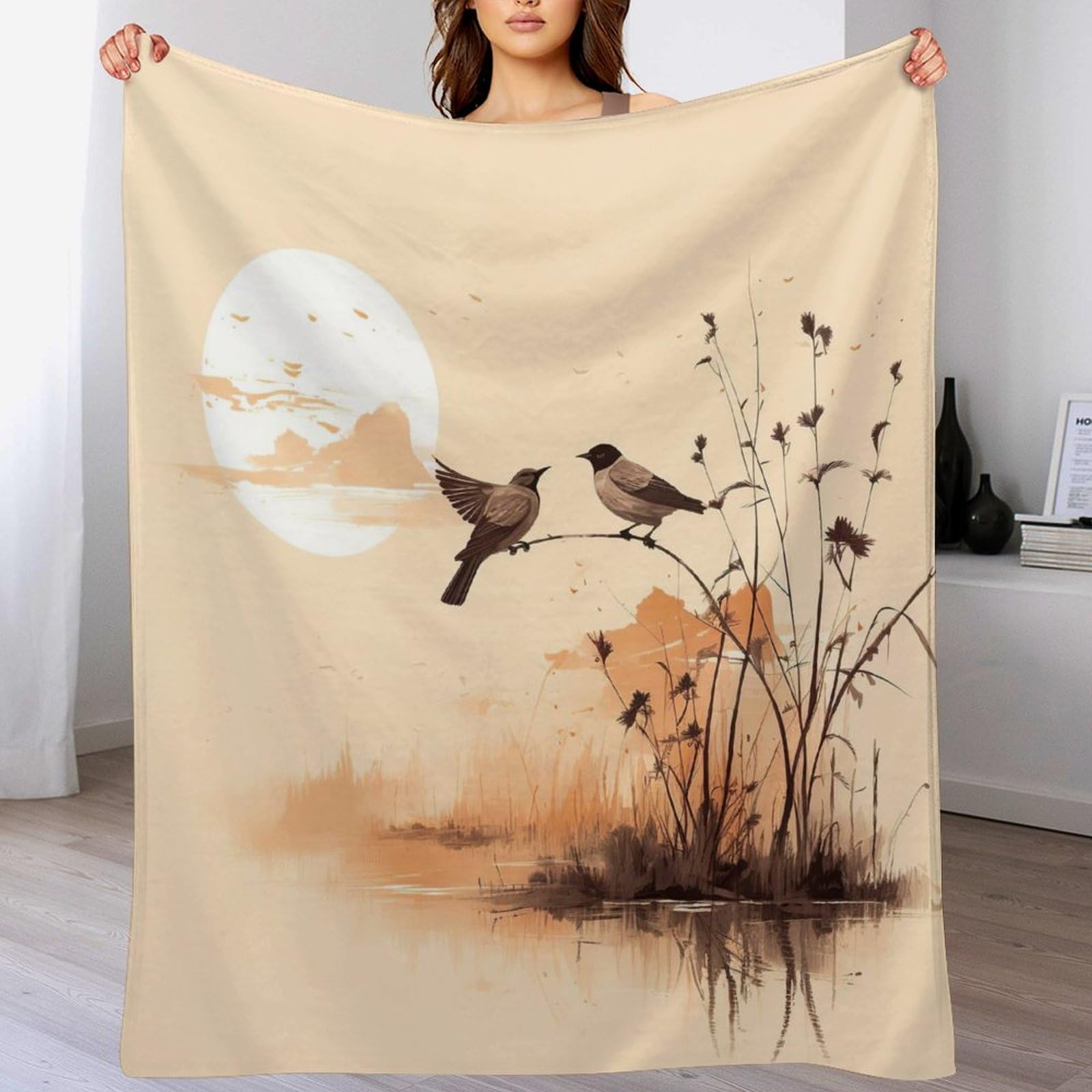 Couverture polaire oiseau 180x200cm plaid en peluche doux pour lit et canapé