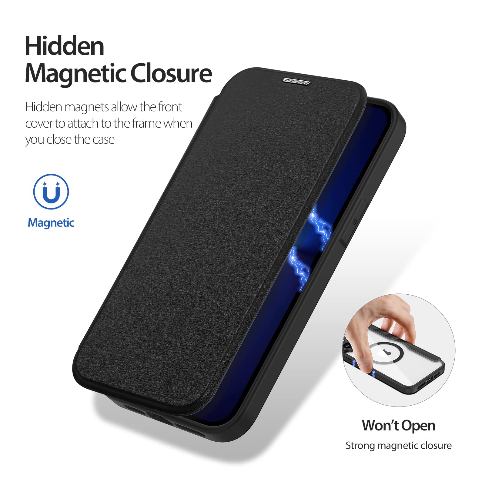 Funda Magnética Con Tapa Para IPhone 17 Pro - Compatible Con MagSafe, Parte Trasera Transparente, Cuero PU, Cierre Magnético (6.3 Pulgadas, Negro)