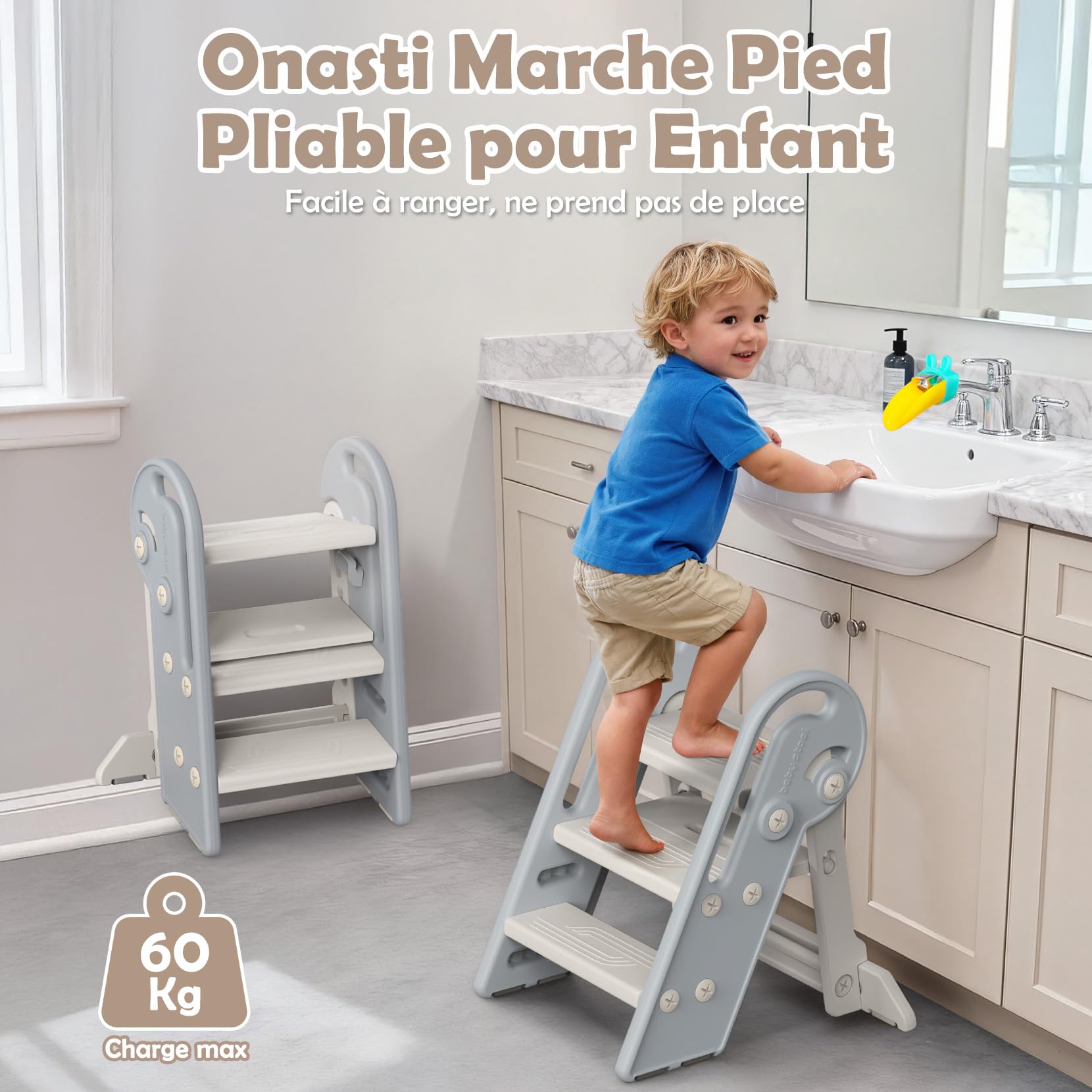 Onasti Marche Pied Enfant, Tabouret 3 Marches pour Bébé, Marche Pied à Hauteur réglable, Pliable, Multifonction et Antidérapant Parfait, pour Cusine, Salle de Bain,Chambre à Coucher (Gris)