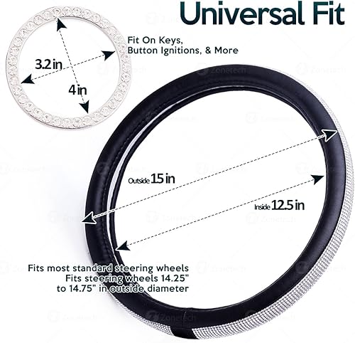 Miniatura 3 de ZONETECH Juego de accesorios brillantes para automóvil, funda de volante de cristal de alta calidad con respaldo de piel sintética y accesorio de
