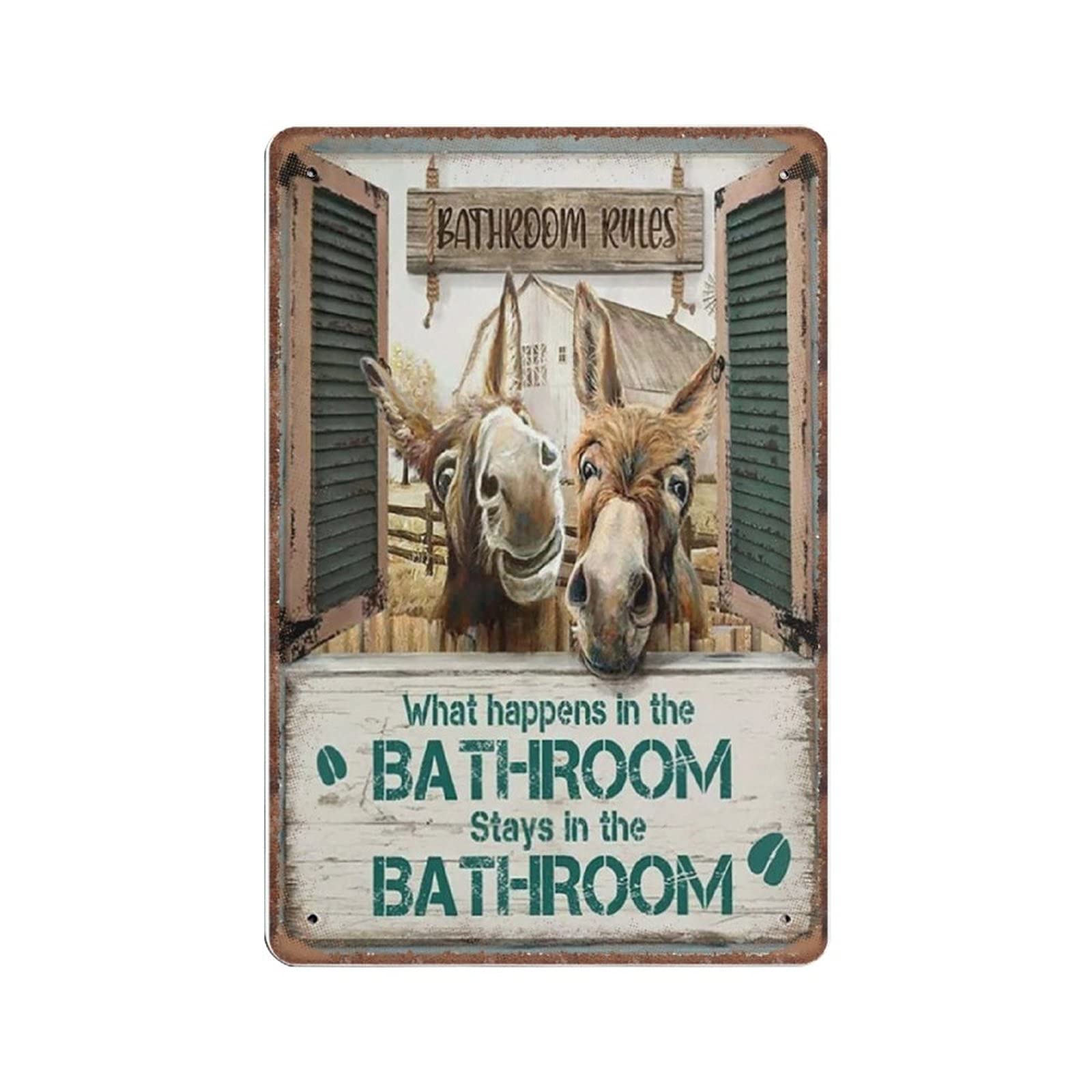 Daiercy Material_tin 13 Donkey Tin Signs - Funny Bathroom Wall Art - What Happen In Bathroom Stay In - Vintage Metal Sign Plaqu Poster Wall Art Pub Bar Kitchen Garden Bathroom Home Decor, 140X200 Mm