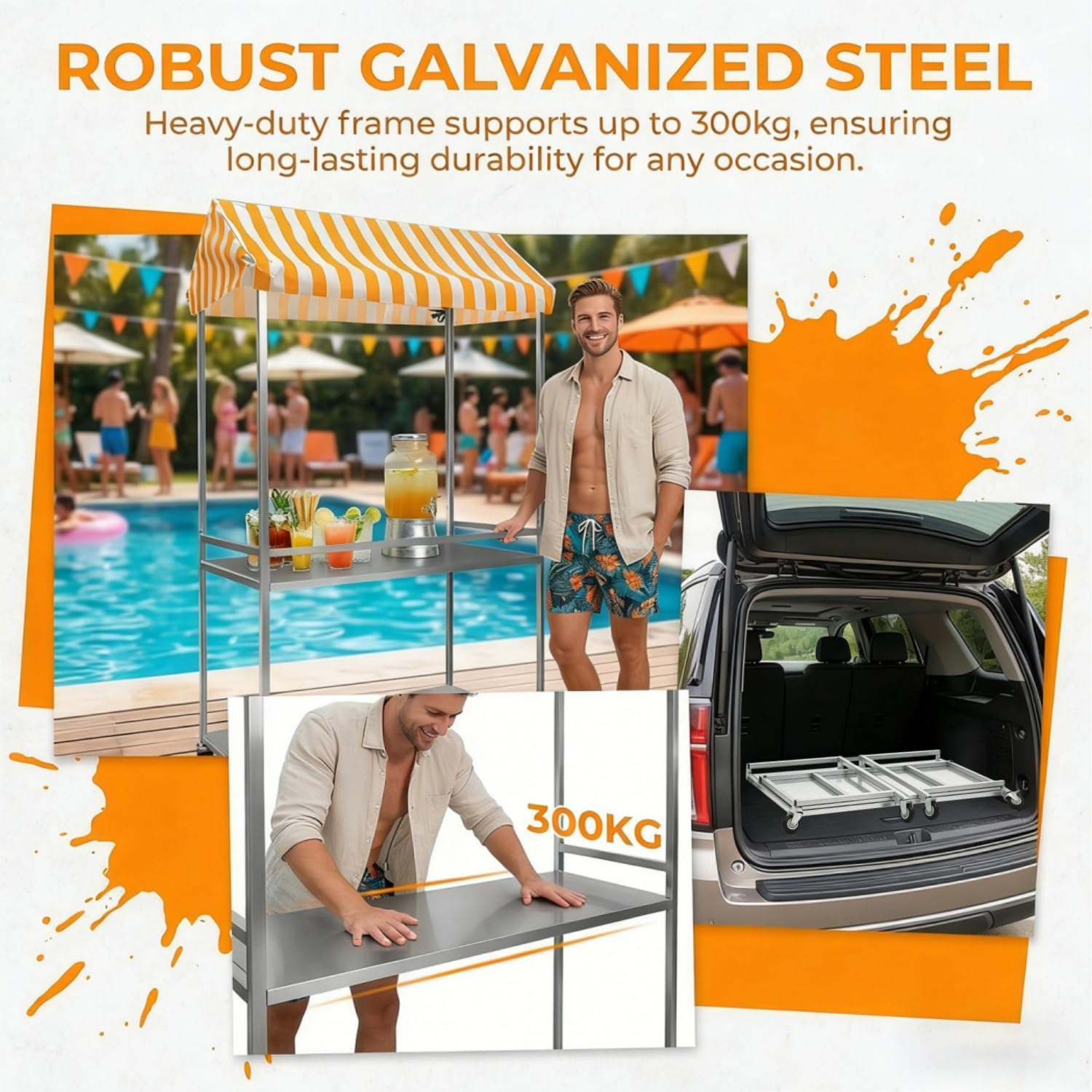 Mobiler Verkaufsstand aus Edelstahl, zusammenklappbarer Verkaufswagen mit Überdachung & Rädern – Kiosk-Trolley für Straßen, Parks, Hochzeiten & Jahrmärkte,Gelb,120cm