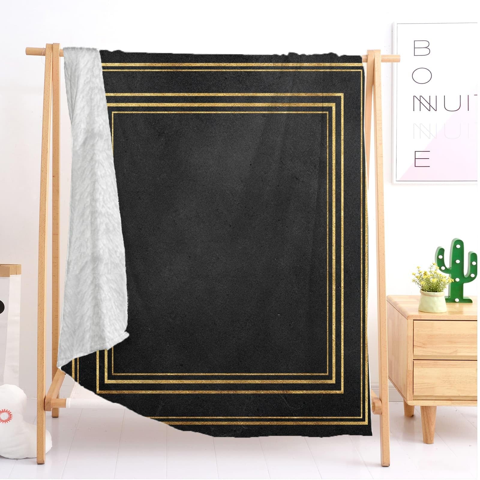 Generisch Koc polarowy, flanelowy, minimalistyczne, złote paski, luksusowy, przytulny, na sofę, dla dorosłych i dzieci, rozmiar XXL, 180 x 200 cm