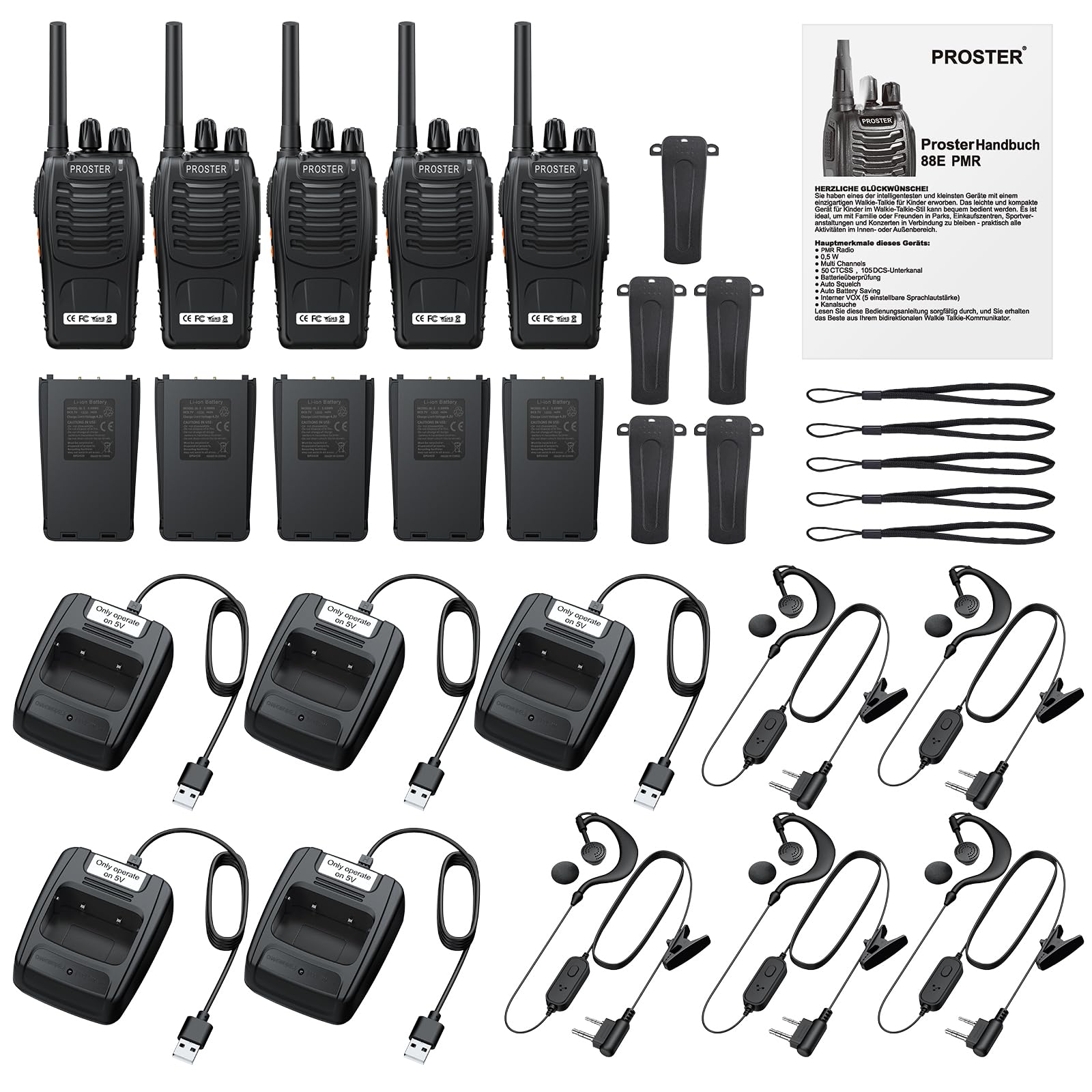 Proster Talkie Walkie Longue Portée Rechargeable avec Écouteurs （5PCS） | PMR446 Sans Licence, 16 Canaux, 1500mAh 10H Grande Autonomie, Portée Stable 1,5km, VOX Mains Libres et Lampe Torche