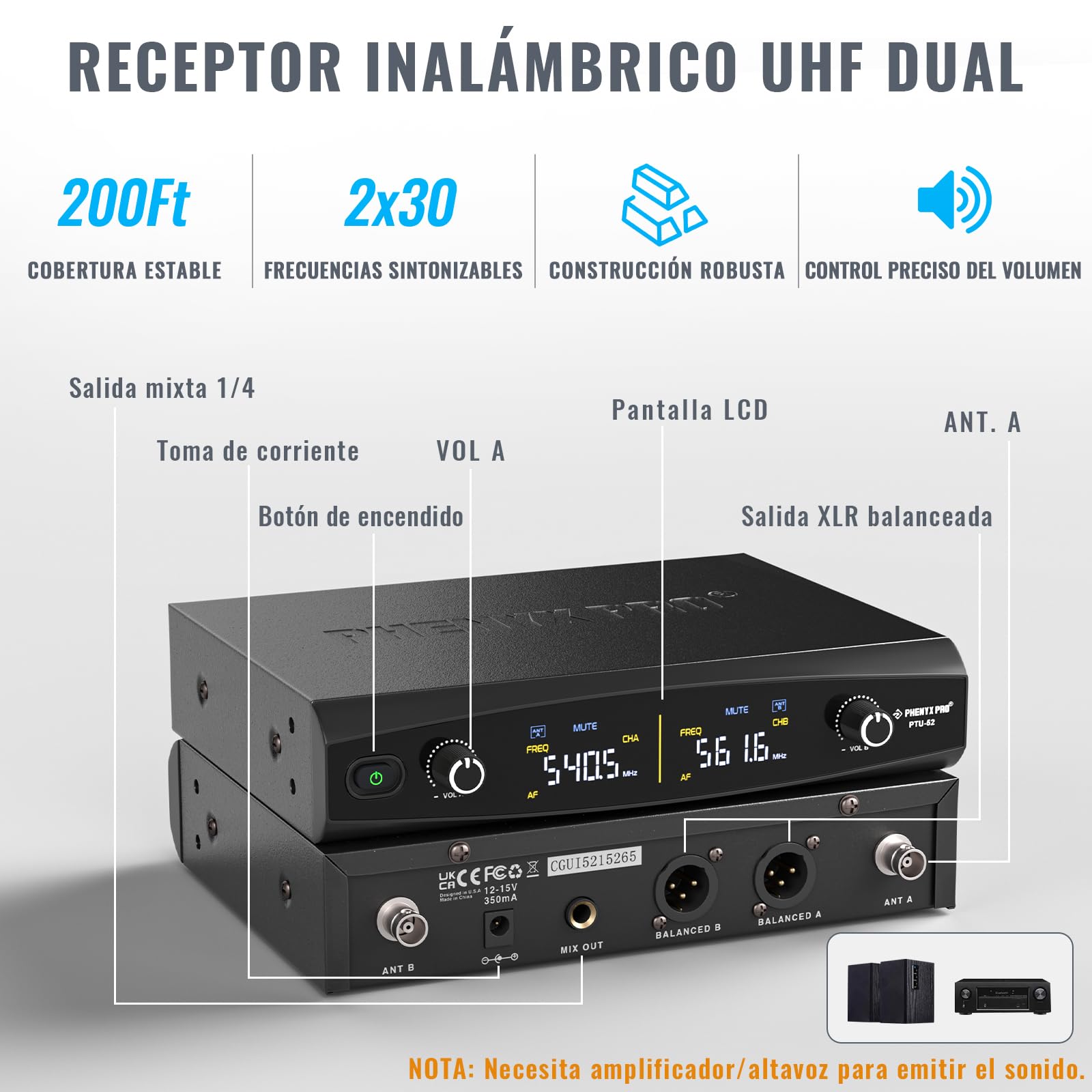 Phenyx Pro Sistema de Micrófono Inalámbrico de Metal, con Micrófonos de Mano/Bodypack/Auriculares/Lapel, 2x30 Frecuencias UHF, Alcance de 200 pies, para Cantar, Karaoke, Iglesia (PTU-52-1H1B)