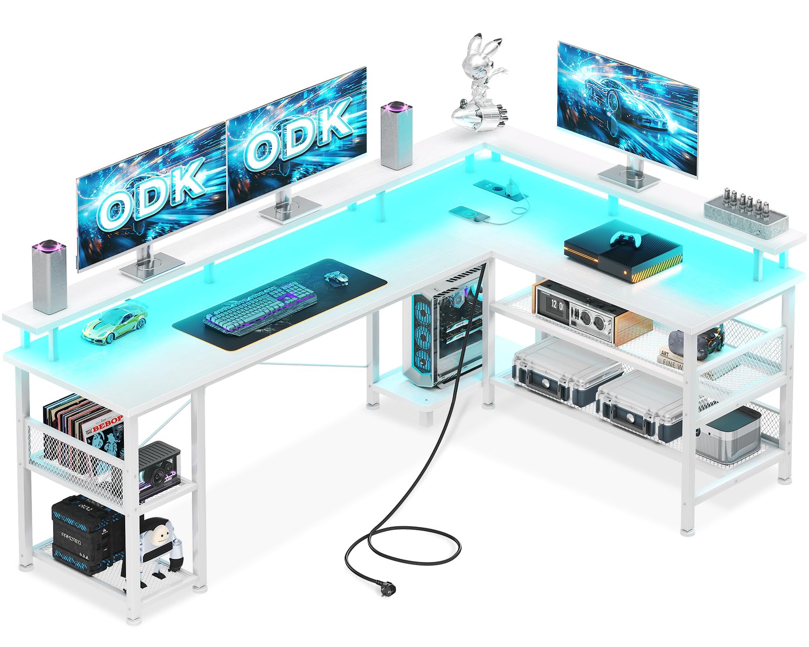 ODK Mesa Gaming con LED, 168×120cm Escritorio Gaming Reversible con 2 Enchufes y 2 Puertos USB, Escritorio Esquinero Grande con Estante de Malla, Blanco