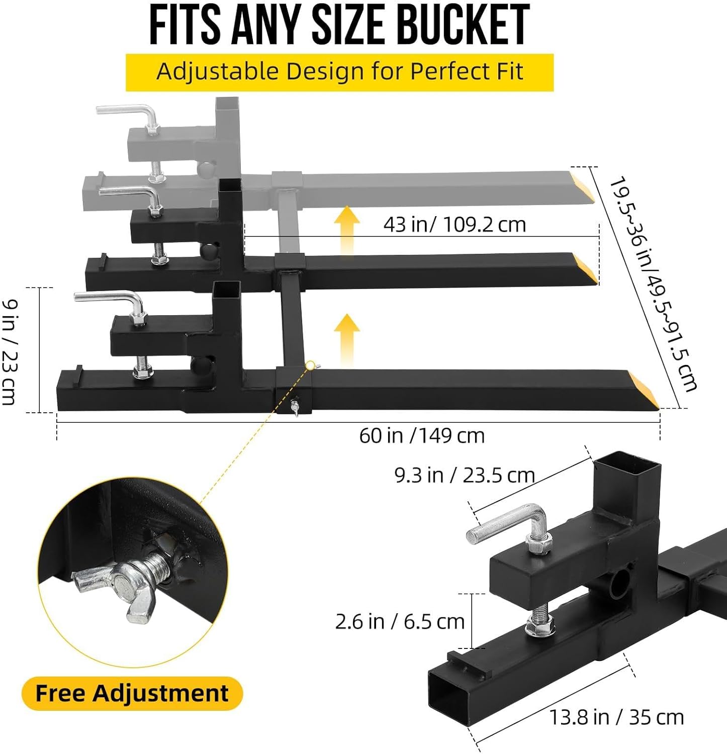 Heavy Duty Clamp-on Pallet Forks 60", 2000 LBS Capacity with Adjustable Stabilizer Bar for Tractor Loader Bucket & Skid Steer Attachments